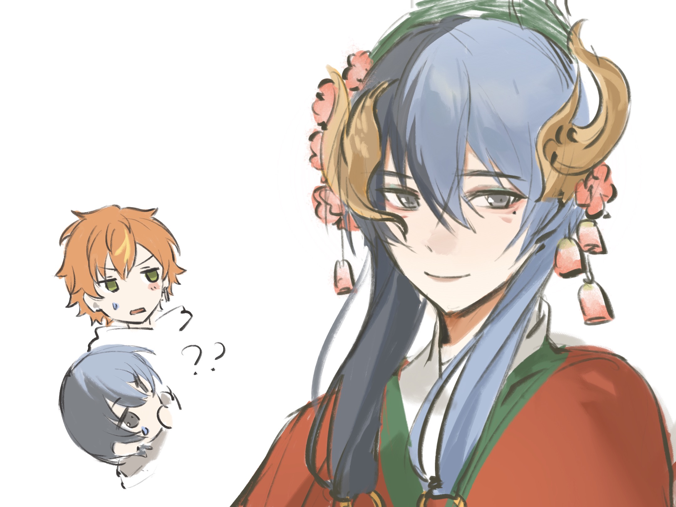 aoyagi touya, shinonome akito, tan youyou (infinity nikki), infinity nikki, nikki (series), project sekai, chinese commentary, commentary request, highres, 3boys, ?, ??, alternate hair length, alternate hairstyle, black hair, blush stickers, brown hair, chibi, chinese clothes, closed mouth, confused, cosplay, covering own mouth, cropped shoulders, crossover, flower, frills, green eyes, grey eyes, grey hair, hair between eyes, hair extensions, hair flower, hair ornament, hanfu, happy, hood, hood down, hoodie, lips, long hair, looking at another, loose hair strand, male focus, messy hair, multicolored hair, multiple boys, o-ring, pink flower, red hanfu, short hair, simple background, single blush sticker, smile, split-color hair, sweatdrop, tan youyou (infinity nikki) (cosplay), thick eyebrows, two-tone hair, upper body, v-shaped eyebrows, very long hair, white background, xianyu huntun jiaozi pi