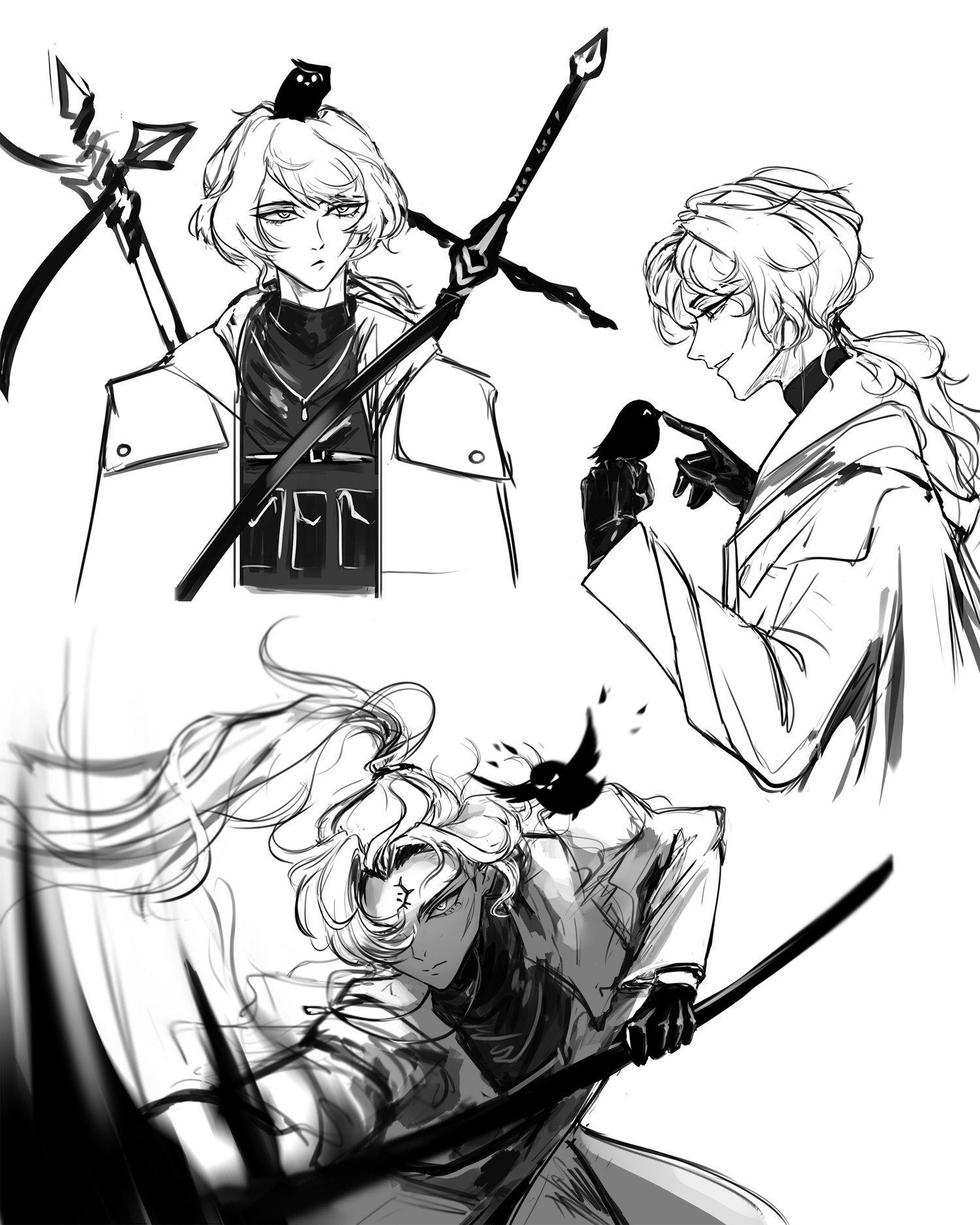 a certain sinclair (project moon), sinclair (project moon), limbus company, project moon, commentary, english commentary, highres, 1boy, animal, animal on head, attack, bandaged weapon, bird, bird on hand, bird on head, claymore (sword), clenched hand, closed mouth, coat, eyelashes, facial mark, forehead mark, glaring, gloves, greyscale, hair over one eye, hands up, holding, holding polearm, holding weapon, index finger raised, jewelry, load bearing vest, long hair, looking at animal, low ponytail, male focus, monochrome, motion lines, multiple views, necklace, on head, open clothes, open coat, pendant, polearm, ponytail, shirt, smile, solo, split, sword, sword on back, trench coat, tsurime, turtleneck, turtleneck shirt, undershirt, wavy hair, weapon, weapon on back, white background, zio 444