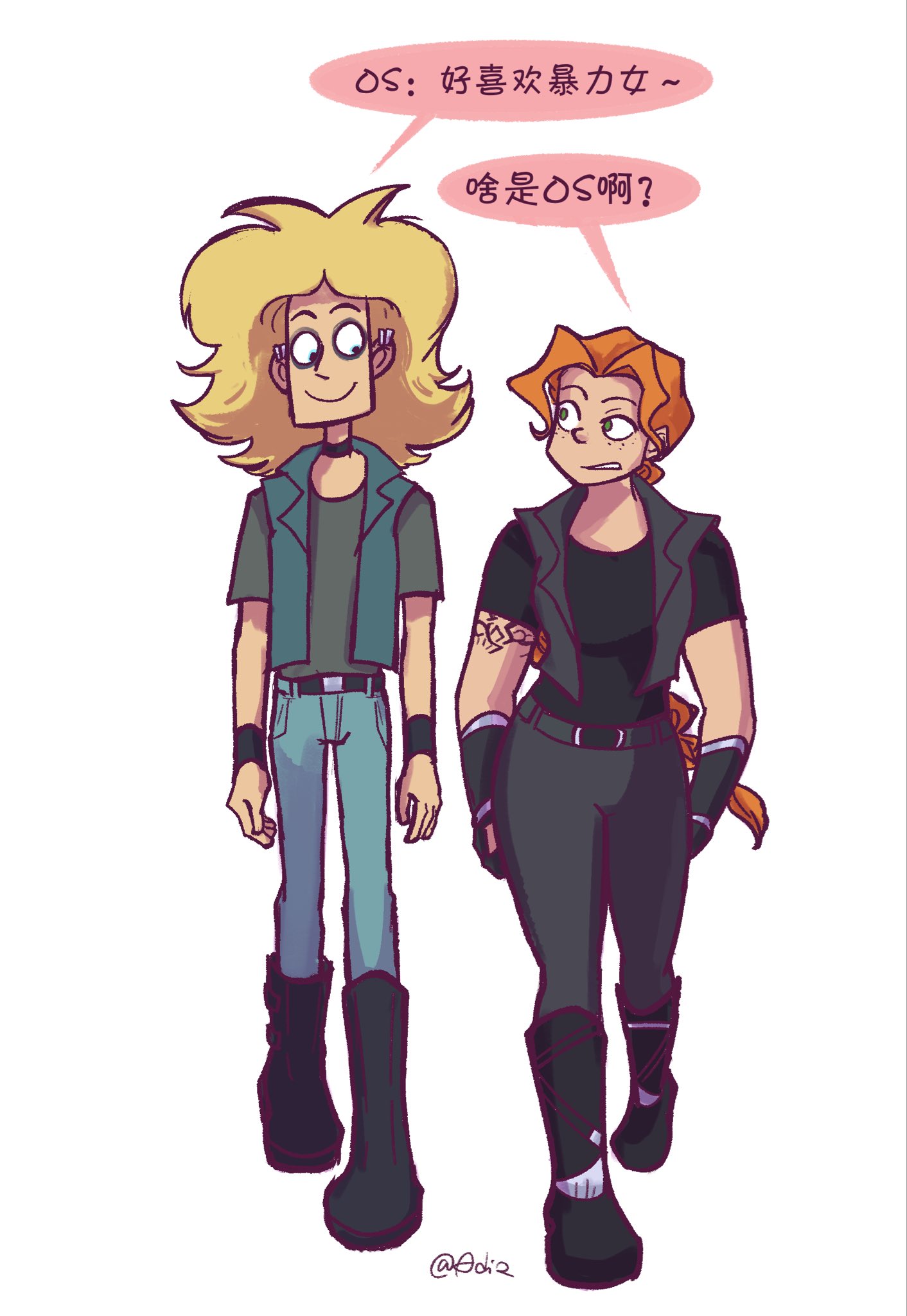 metal family, commentary request, highres, 1boy, 1girl, adiao y3 green, arm tattoo, artist name, belt, black choker, black gloves, blonde hair, boots, chinese text, choker, denim, earrings, glam (metal family), gloves, hetero, implied hetero, jeans, jewelry, long hair, orange hair, pants, smile, tattoo, teeth, toon (style), twitter username, vest, vicky (metal family), wristband