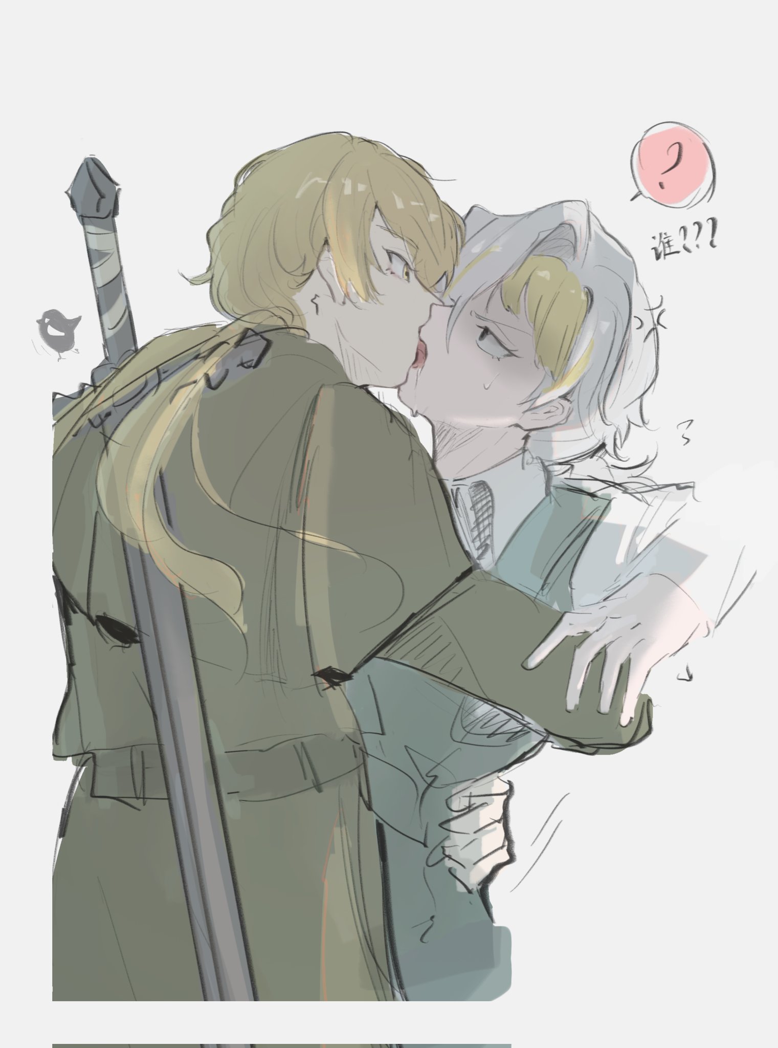 a certain sinclair (project moon), kromer (project moon), sinclair (project moon), limbus company, project moon, chinese commentary, commentary request, highres, 1boy, 1girl, ?, anger vein, asymmetrical bangs, bandaged weapon, blonde hair, blunt bangs, claymore (sword), coat, collared shirt, cropped torso, drooling, french kiss, green coat, green sleeves, green vest, hair over one eye, hand on another's arm, hand on another's hip, hand up, hetero, hug, kiss, long hair, long sleeves, low ponytail, mouth drool, multicolored hair, ponytail, shaded face, shirt, sketch, spoken question mark, streaked hair, suifengflyfff, sword, sword on back, tongue, trench coat, tsurime, undershirt, vest, weapon, weapon on back, white hair, white shirt, white sleeves, wing collar, yellow eyes