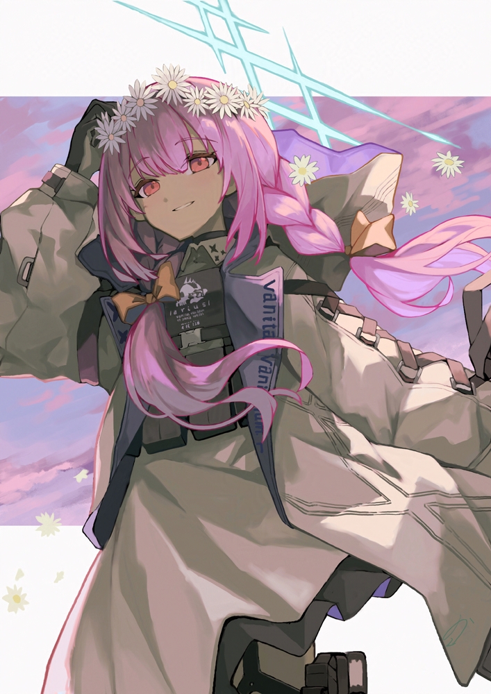 sorano eika, atsuko (blue archive), blue archive, commentary request, 1girl, black gloves, blue halo, bow, braid, bulletproof vest, cloud, daisy (flower), dress, floating clothes, floating hair, flower, flower wreath, gloves, grin, hair bow, halo, hood, hooded jacket, jacket, letterboxed, long hair, long sleeves, low twin braids, orange bow, outside border, purple hair, purple sky, red eyes, sky, smile, solo, twin braids, white dress, white jacket