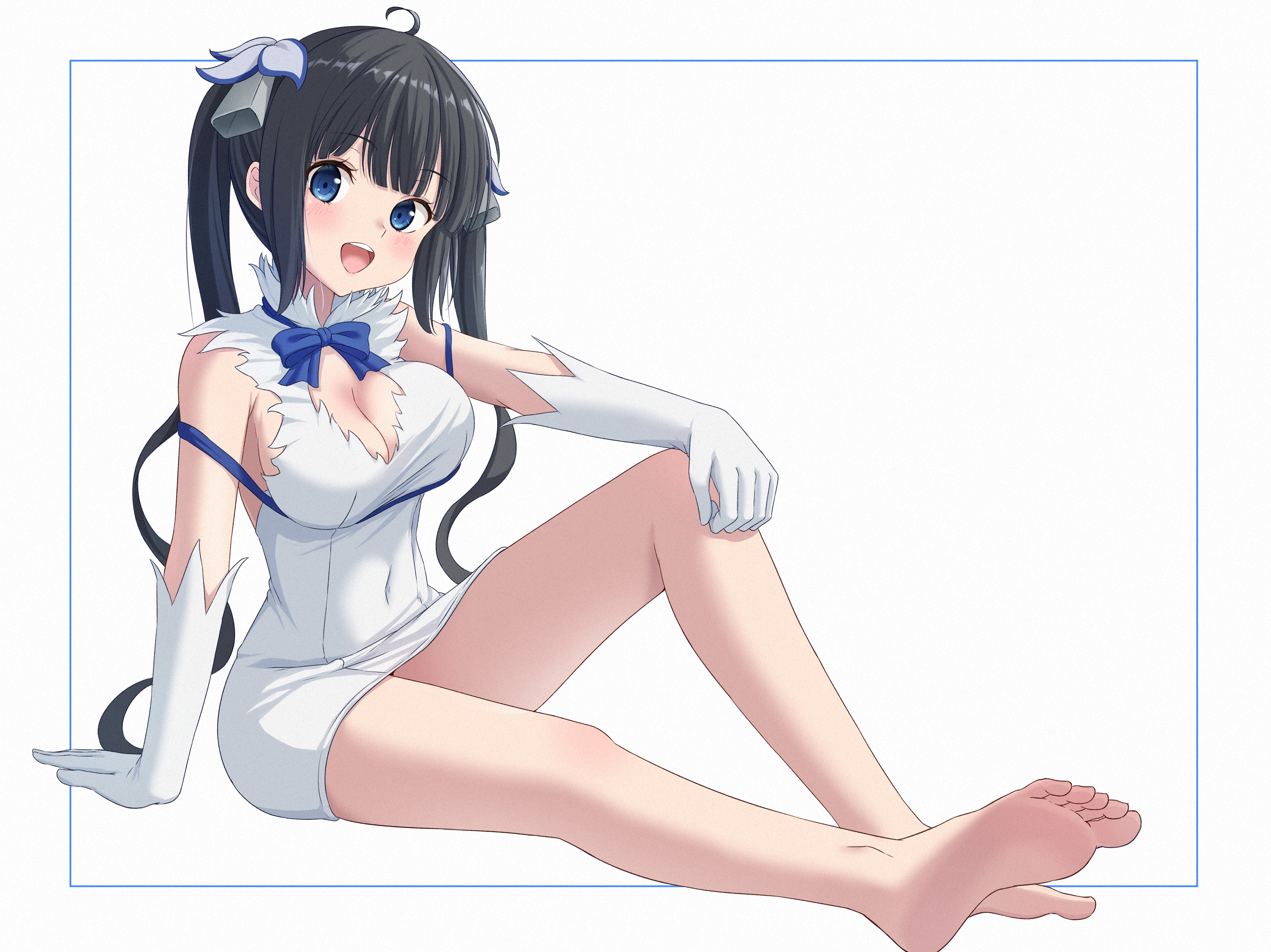 tomioka (r2czw), hestia (danmachi), dungeon ni deai wo motomeru no wa machigatteiru darou ka, absurdres, commentary request, highres, 1girl, :d, arm ribbon, barefoot, black hair, blue bow, blue eyes, blue ribbon, bow, breasts, cleavage, cleavage cutout, clothing cutout, dress, elbow gloves, gloves, long hair, looking at viewer, open mouth, rei no himo, ribbon, simple background, smile, solo, twintails, white background, white dress, white gloves