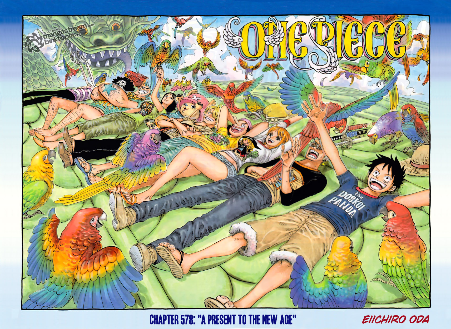 oda eiichirou, brook (one piece), franky (one piece), monkey d. luffy, nami (one piece), nico robin, roronoa zoro, sanji (one piece), tony tony chopper, usopp, one piece, highres, official art, 10s, 2010, 2girls, 6+boys, afro, artist name, bird, black hair, blonde hair, boots, border, breasts, chain, chain necklace, cigarette, cloud, color spread, copyright name, cover, cover page, crossed arms, cyborg, denim, dragon, earrings, english text, everyone, hat, jeans, jewelry, katana, large breasts, multiple boys, multiple girls, necklace, orange hair, pants, parrot, pink hat, raglan sleeves, reindeer, sandals, scar, sheath, sheathed, short hair, skeleton, smoking, sword, tattoo, watermark, weapon