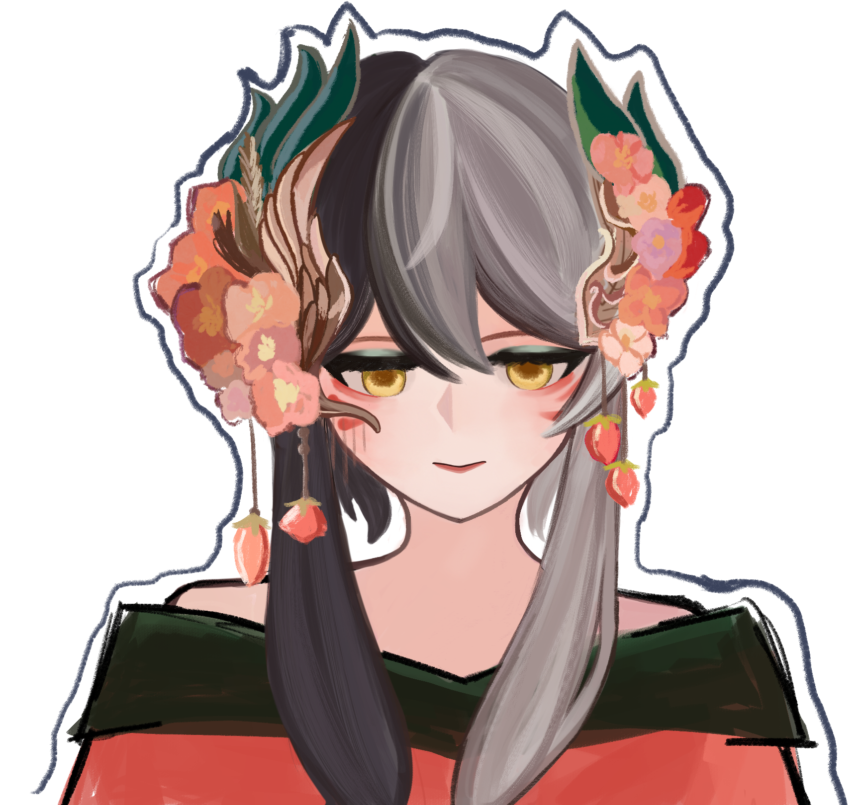 tan youyou (infinity nikki), infinity nikki, nikki (series), chinese commentary, commentary request, highres, 1boy, aqua eyeshadow, bare shoulders, black hair, chinese clothes, closed mouth, downturned eyes, empty eyes, expressionless, eyeshadow, flower, food-themed hair ornament, grey hair, hair between eyes, hair flower, hair ornament, hanfu, helibenli, light blush, loose hair strand, makeup, marking on cheek, multicolored hair, off shoulder, official alternate costume, outline, pink flower, pink lips, poppy (flower), purple flower, red flower, red hanfu, simple background, solo, split-color hair, straight-on, strawberry hair ornament, tulip, two-tone hair, upper body, white background, white outline