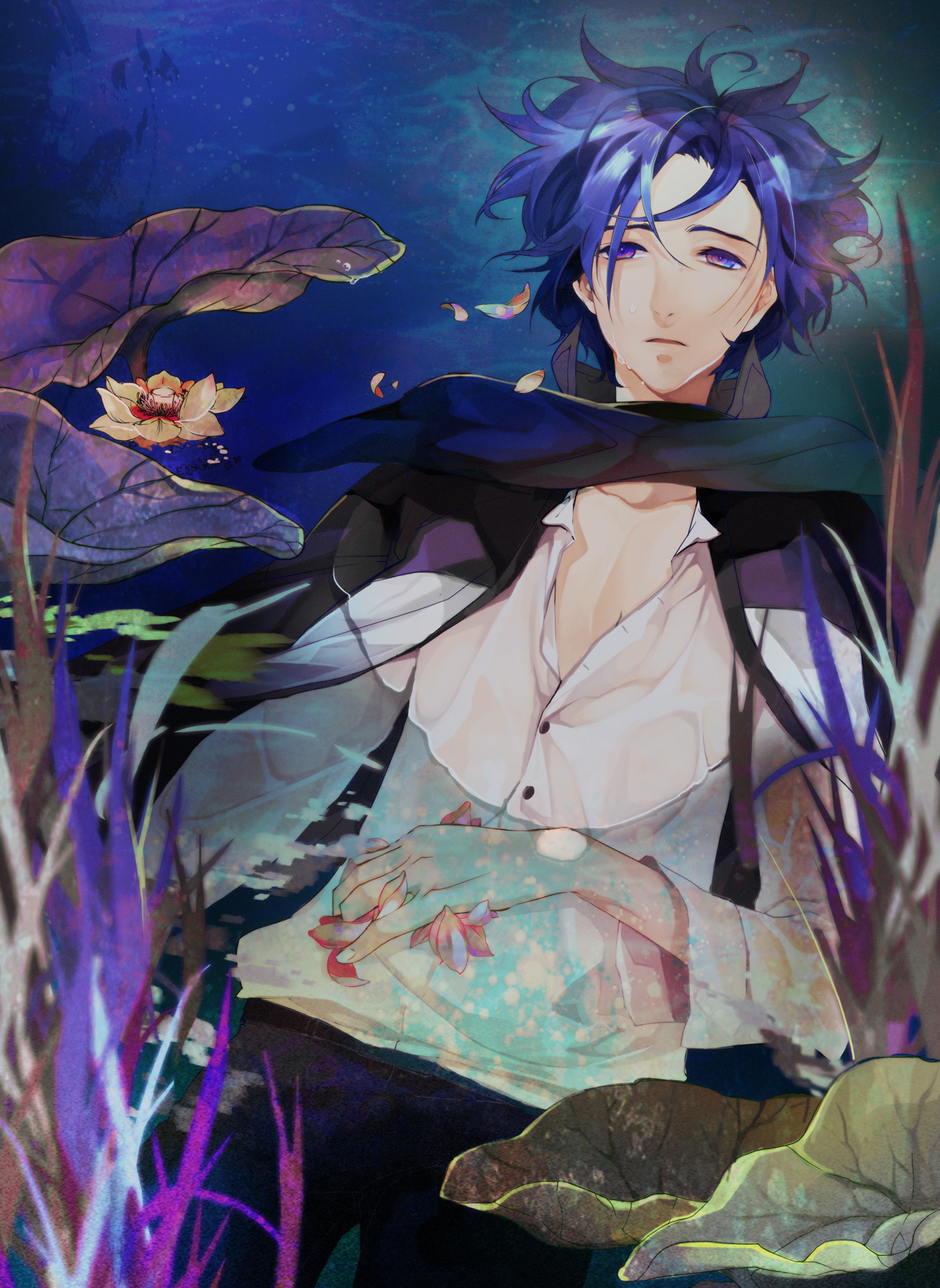 lotus, nishi (ainshaie), nishi (pixiv791743), kaito (vocaloid), vocaloid, bad id, bad pixiv id, highres, 1boy, blue eyes, blue hair, blue scarf, collarbone, flower, in water, looking at viewer, male focus, matching hair/eyes, partially submerged, petals, scarf, solo, water