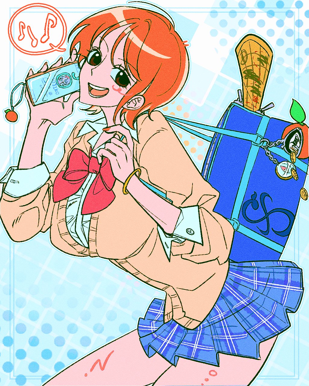 nami (one piece), nojiko (one piece), one piece, commentary request, highres, korean commentary, 1girl, bag, bangle, blue skirt, bow, bowtie, bracelet, breasts, brown eyes, cardigan, charm (object), checkered clothes, checkered skirt, coin, compass, cowboy shot, food, fruit, gold coin, holding, holding phone, jewelry, large breasts, light blush, looking at viewer, loose bowtie, mandarin orange, map, miniskirt, musical note, open mouth, orange hair, orange nails, p tlnfinder, phone, pleated skirt, red bow, red bowtie, school bag, school uniform, shirt, short hair, shoulder bag, skirt, solo, spoken musical note, white shirt, wing collar