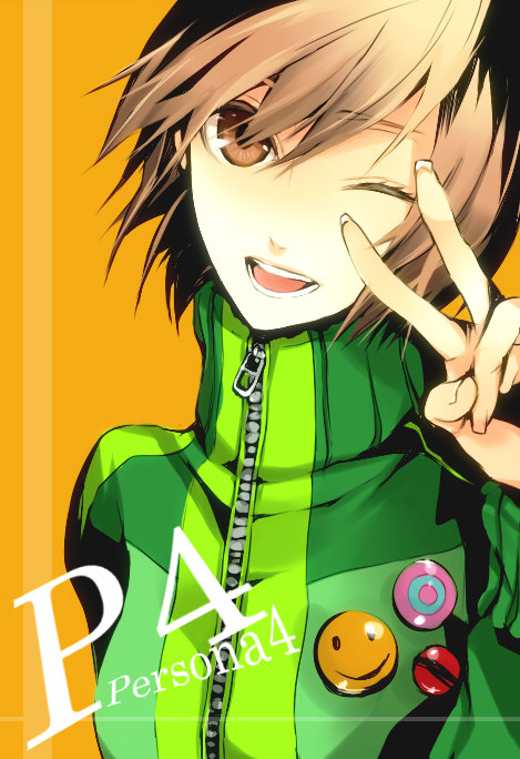 macco, satonaka chie, atlus, persona, persona 4, bad id, bad pixiv id, 1girl, brown eyes, brown hair, female focus, jacket, lapel pin, one eye closed, pin, short hair, smile, solo, tomboy, track jacket, v, wink