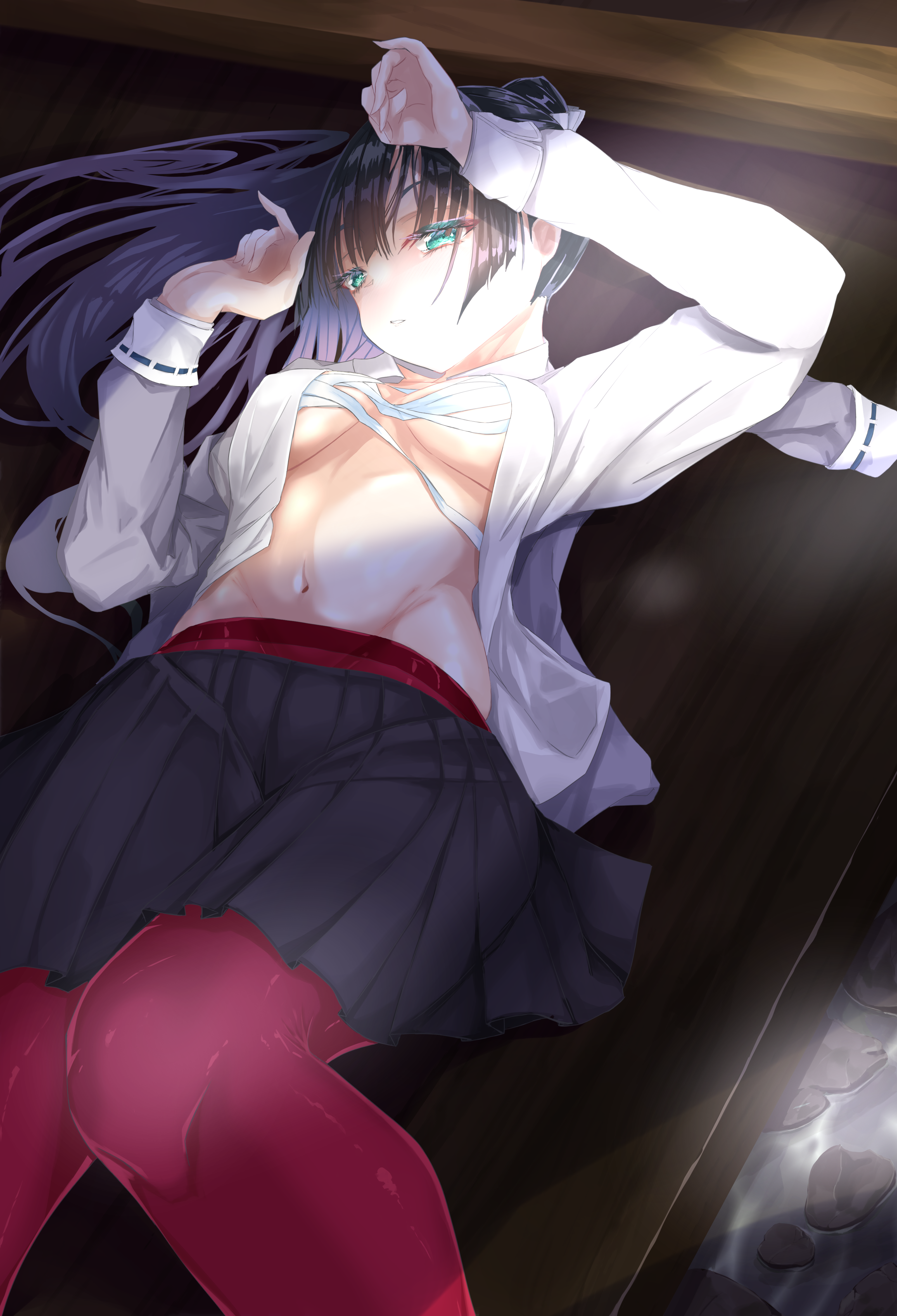 user juda5744, natsume inori, heaven burns red, absurdres, commentary request, highres, 1girl, black hair, blue eyes, chest sarashi, convenient censoring, lying, navel, on back, pantyhose, sarashi