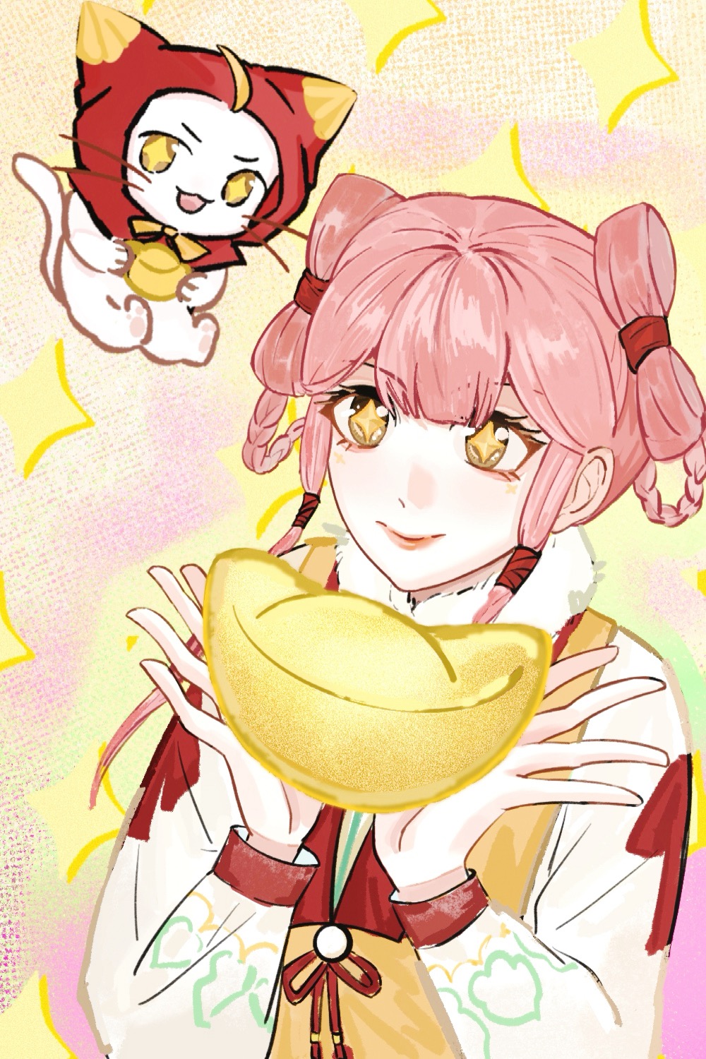 yonghu zhai xiaocao, momo (nikki), new bloom blessings (infinity nikki), nikki (nikki), infinity nikki, nikki (series), chinese commentary, commentary request, highres, object request, + +, 1girl, ahoge, animal, blunt bangs, bow, bow-shaped hair, bowtie, braid, braided hair rings, brown eyes, cat, chinese clothes, chinese new year, cloak, closed mouth, clothed animal, collared vest, colorful background, ear covers, fur-trimmed shirt, fur trim, hair rings, hair tubes, happy, holding, hood, hood up, hooded cloak, lipstick, long hair, long sidelocks, long sleeves, makeup, official alternate costume, open mouth, pawpads, pink hair, pink lips, puffy long sleeves, puffy sleeves, red cloak, shirt, sidelocks, smile, sparkle, sparkling eyes, teeth, traditional bowtie, upper body, upper teeth only, vest, whiskers, white cat, white shirt, yellow bow, yellow bowtie, yellow vest