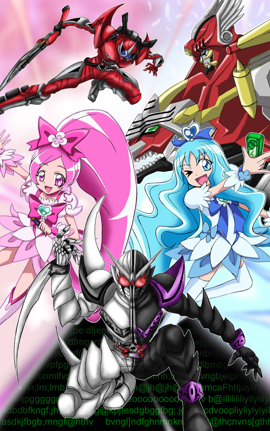 arudebido, cure blossom, cure marine, gosei great, hanasaki tsubomi, kamen rider accel, kamen rider double, kurumi erika, heartcatch precure!, kamen rider, kamen rider w, precure, super sentai, tensou sentai goseiger, white legwear, highres, 10s, 2girls, 3boys, :d, ;d, blue eyes, blue hair, blue skirt, boots, bow, brooch, crossover, eyelashes, heart, heart brooch, high ponytail, jewelry, knee boots, long hair, magical girl, mecha, multiple boys, multiple girls, one eye closed, open mouth, pink bow, pink eyes, pink hair, ponytail, robot, skirt, smile, thighhighs