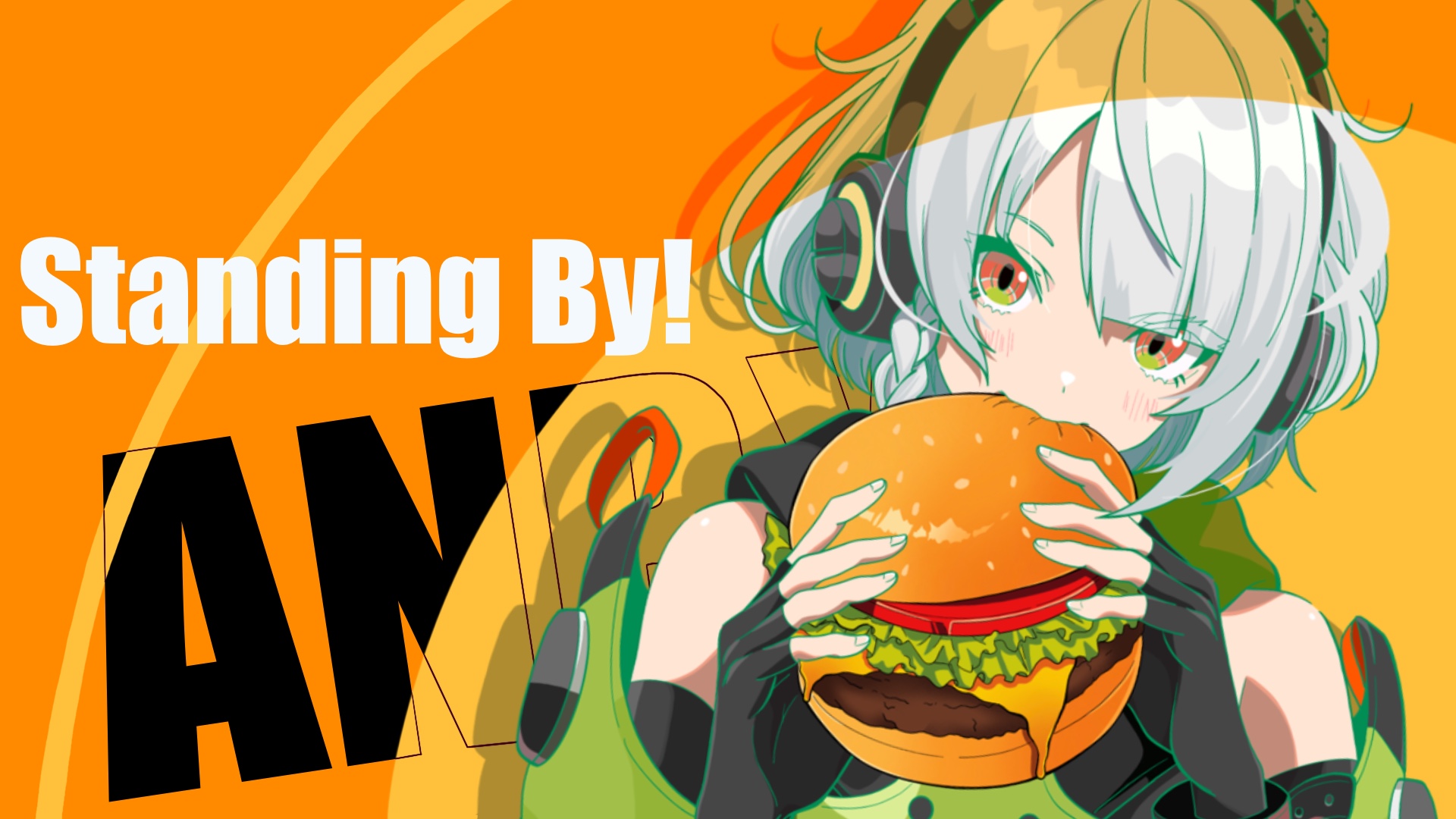 kurimako, anby demara, zenless zone zero, commentary, commentary request, english commentary, highres, mixed-language commentary, 1girl, bare shoulders, black gloves, braid, burger, eating, fingerless gloves, food, gloves, headphones, holding, holding burger, holding food, looking at viewer, orange eyes, parted bangs, short hair, single braid, solo, upper body, white hair