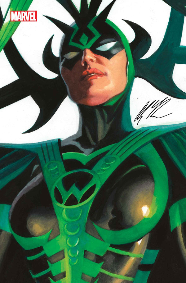 alex ross, hela (marvel), marvel, thor (marvel) (series), comic cover, merchandise available, official art, 1girl, black bodysuit, bodysuit, cape, company name, cover, cover page, fake horns, green cape, green lines, green trim, horned headwear, horns, logo, mask, no pupils, parted lips, realistic, signature, solo, upper body, western comics (style), white background