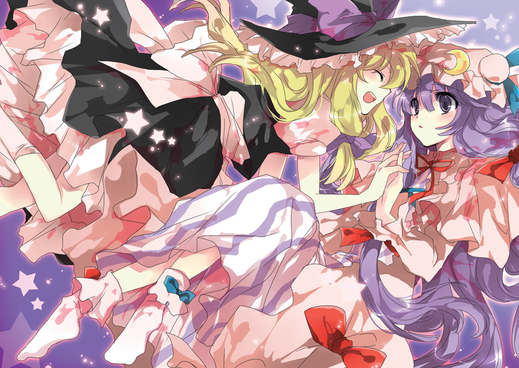 kyrish, kirisame marisa, patchouli knowledge, touhou, bad id, bad pixiv id, 2girls, blonde hair, female focus, hat, holding hands, long hair, multiple girls, purple eyes, purple hair, witch, witch hat, yuri