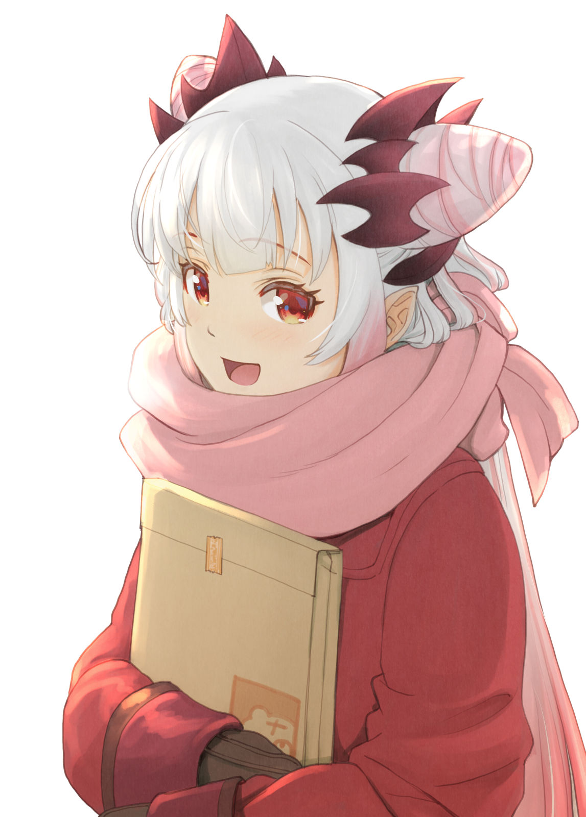 haniwa (leaf garden), suou patra, indie virtual youtuber, commentary request, highres, 1girl, alternate costume, blush, brown mittens, coat, cone hair bun, curled horns, demon horns, detached collar, double bun, enpera, envelope, from side, gradient hair, grey hair, hair bun, headgear, holding, holding envelope, horns, long hair, looking at viewer, mittens, multicolored hair, open mouth, orange eyes, overexposure, pink hair, pink scarf, pink streaks, pointy ears, red coat, red horns, scarf, side up bun, sidelighting, simple background, smile, solo, spiked horns, streaked hair, transparent background, upper body, very long hair, virtual youtuber