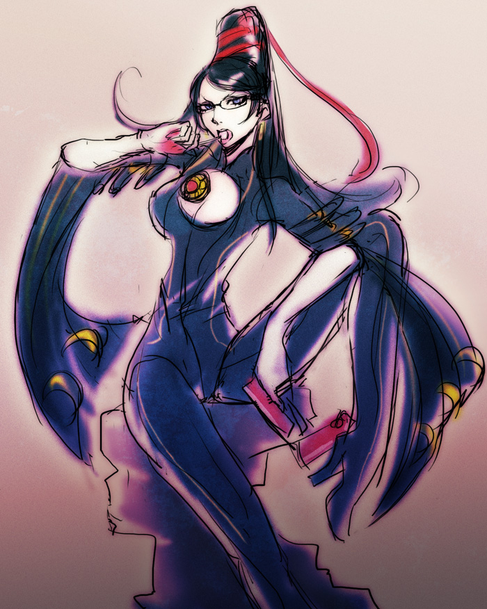 igarashi ran (igatz), igatz, bayonetta, bayonetta (series), bayonetta 1, 1girl, black hair, female focus, glasses, gun, long hair, sitting, solo, weapon