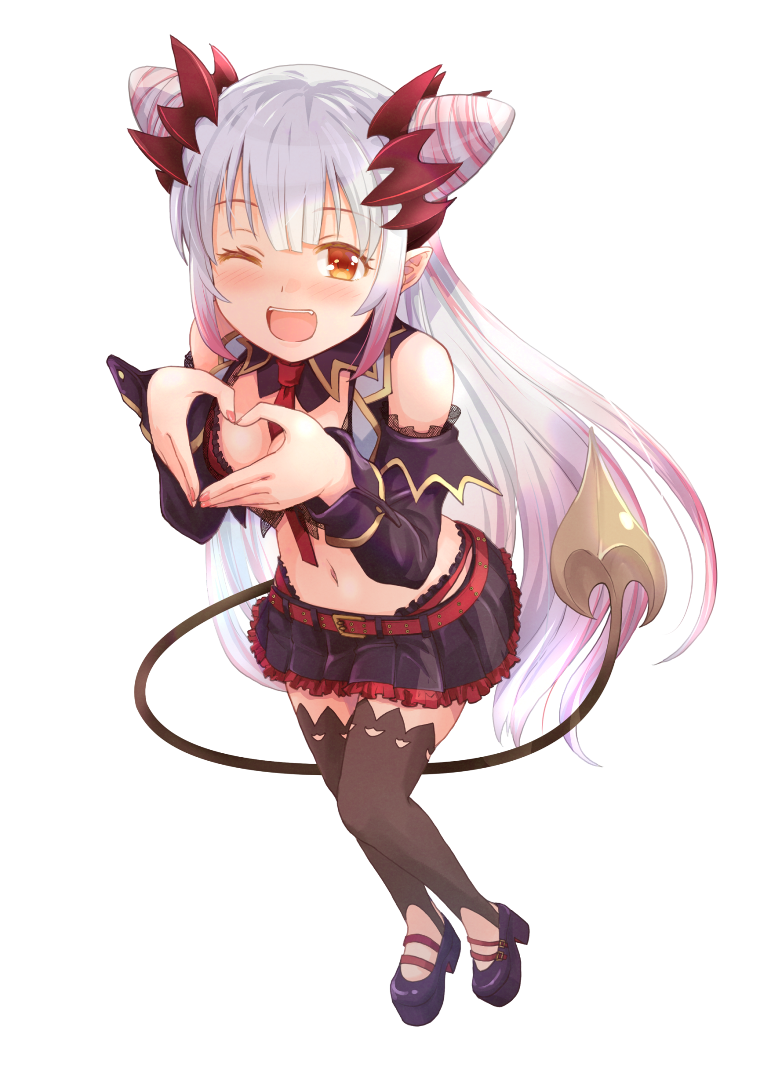 haniwa (leaf garden), suou patra, suou patra (1st costume), indie virtual youtuber, commentary request, highres, 1girl, ;d, bare shoulders, belt, between breasts, black shirt, black shoes, black skirt, black sleeves, black thighhighs, black vest, blush, bra, breasts, cleavage, cone hair bun, crop top, cropped vest, curled horns, demon girl, demon horns, demon tail, detached sleeves, double bun, frilled skirt, frills, full body, gradient background, gradient hair, grey hair, hair bun, headgear, heart, heart hands, horns, lace shirt, leaning forward, long hair, looking at viewer, medium breasts, midriff, miniskirt, multicolored hair, nail polish, navel, necktie, necktie between breasts, one eye closed, open clothes, open mouth, open vest, orange eyes, panties, panty straps, pink hair, pink nails, pink streaks, platform heels, platform shoes, pleated skirt, pointy ears, red belt, red bra, red horns, red necktie, red panties, shirt, shoes, side up bun, simple background, skirt, sleeveless, sleeveless shirt, smile, solo, spiked horns, stirrup legwear, streaked hair, tail, thighhighs, toeless legwear, transparent background, underwear, very long hair, vest, virtual youtuber, zettai ryouiki