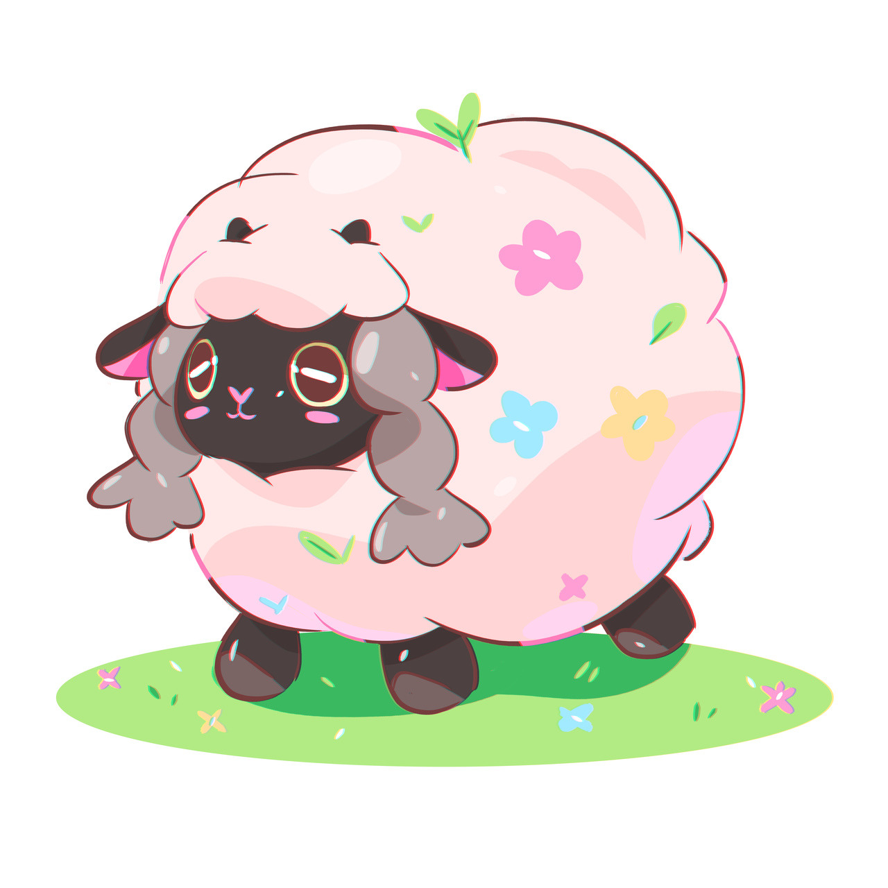 wooloo, nintendo, pokemon, source request, animal focus, blush, blush stickers, closed mouth, flower, gen 8 pokemon, grass, leaf, pokemon (creature), sheep, smile, solo, stephaniepriscillart
