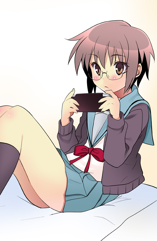 azu, nagato yuki, suzumiya haruhi no yuuutsu, 1girl, brown eyes, brown hair, cardigan, female focus, glasses, handheld game console, playing games, playing video games, playstation portable, school uniform, serafuku, short hair, sitting, solo