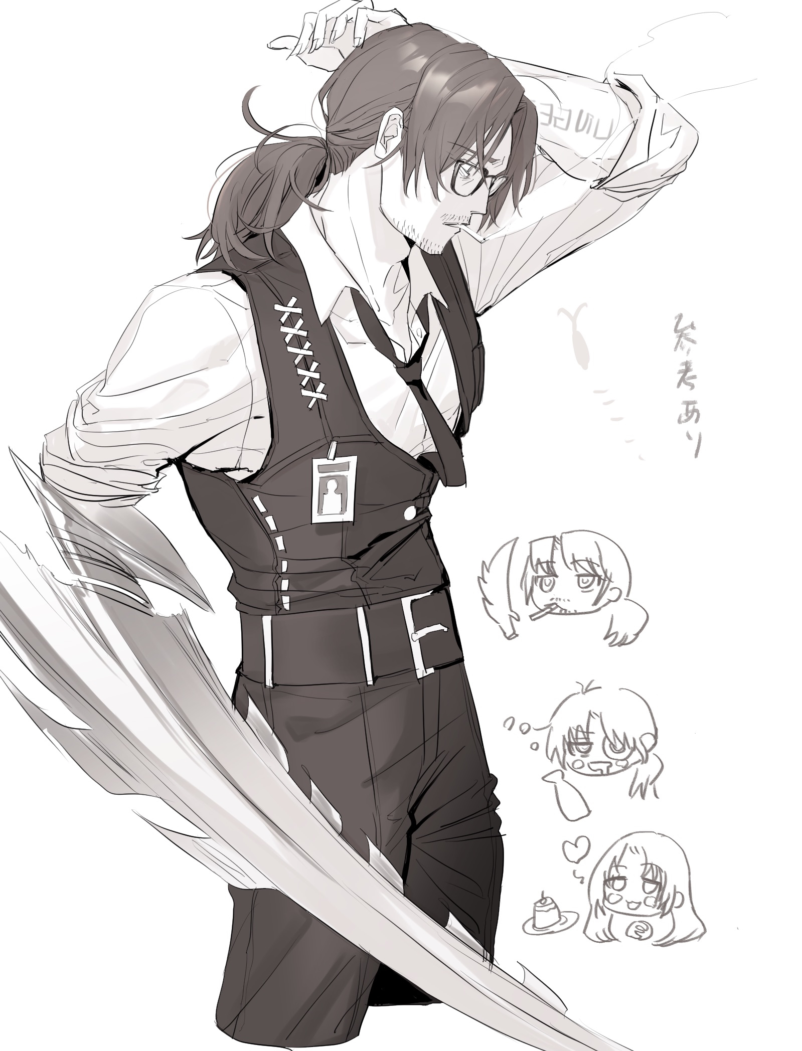 uibou00000, gregor (project moon), rodion (project moon), limbus company, project moon, absurdres, highres, translation request, 1boy, 1girl, :d, alcohol, alternate costume, arm behind head, arm tattoo, arm up, arthropod limbs, beard stubble, belt, belt buckle, blush, bottle, buckle, bug, chibi, chibi inset, cigarette, closed mouth, collarbone, collared shirt, cowboy shot, cropped legs, dress shirt, drooling, drunk, expressionless, eyepatch, facial hair, fingernails, food, glasses, greyscale, hair between eyes, hair over shoulder, half-closed eyes, hand up, hands up, head only, heart, id card, jitome, kurokumo clan (identity) (project moon), long hair, long sleeves, looking at another, low ponytail, male focus, monochrome, mouth hold, multiple boys, multiple persona, multiple views, necktie, open mouth, pants, parted bangs, parted lips, plate, ponytail, profile, pudding, sake, sake bottle, sanpaku, semi-rimless eyewear, shirt, simple background, sketch, sleeves pushed up, sleeves rolled up, smile, smoke, smoking, solo focus, standing, stubble, tattoo, under-rim eyewear, vest, white background