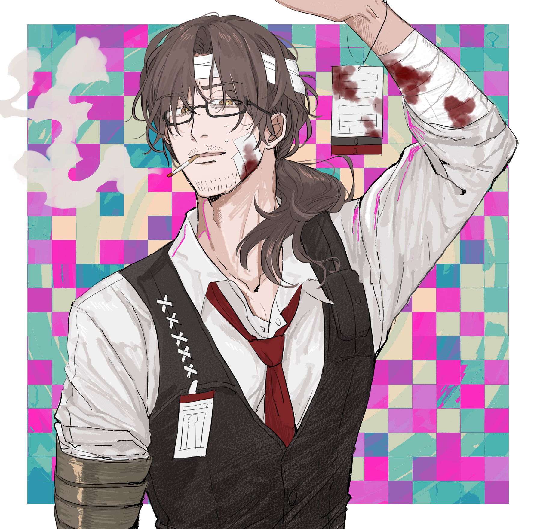 uibou00000, gregor (project moon), limbus company, project moon, absurdres, highres, photoshop (medium), 1boy, arm up, arthropod limbs, bags under eyes, bandage on face, bandaged arm, bandaged head, bandages, bandaid, bandaid on face, beard stubble, black-framed eyewear, black-framed glasses, black vest, blood, blood on clothes, blood on face, blood splatter, blood stain, border, brown hair, checkered background, cigarette, collarbone, collared shirt, dress shirt, eyes visible through hair, facial hair, formal clothes, glasses, hair between eyes, hair over shoulder, half-closed eyes, hand up, id card, injury, lanyard, lips, long hair, long sleeves, looking at viewer, looking down, loose necktie, low ponytail, male focus, mouth hold, name tag, necktie, outside border, pants, parted bangs, parted lips, ponytail, red necktie, sanpaku, semi-rimless eyewear, shirt, simple background, sleeves rolled up, smile, smoke, smoking, solo, stubble, sweat, under-rim eyewear, upper body, vest, white border, white shirt, wing collar, yellow eyes