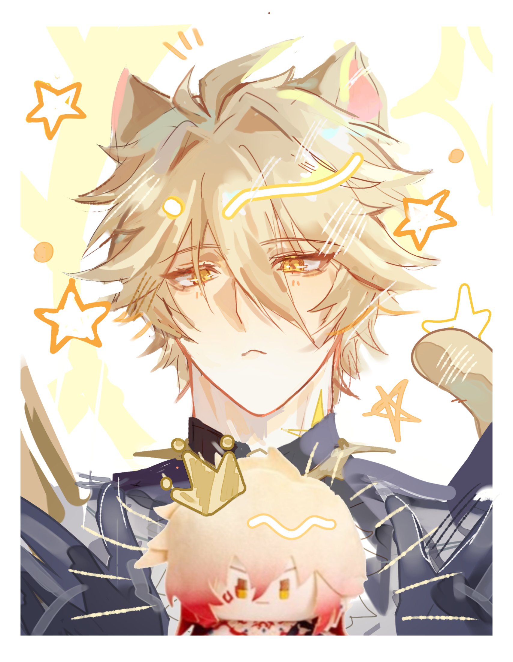 mydei (honkai: star rail), phainon (honkai: star rail), phainon (khaslana) (honkai: star rail), honkai: star rail, honkai (series), hashtag-only commentary, highres, 1boy, :<, animal ears, black shirt, blonde hair, border, cat boy, cat ears, cat tail, character doll, closed mouth, doll, gradient hair, hair between eyes, male focus, multicolored hair, shirt, solo, star (symbol), tail, vuong ngoc69026, white border, yellow eyes