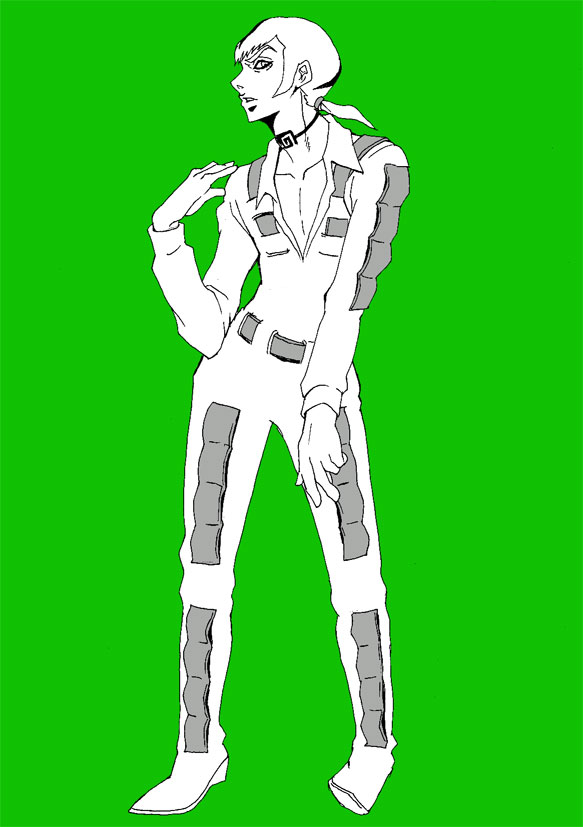 over 9999, donatello versus, jojo no kimyou na bouken, stone ocean, 1boy, choker, full body, green theme, male focus, monochrome, ponytail, simple background, solo