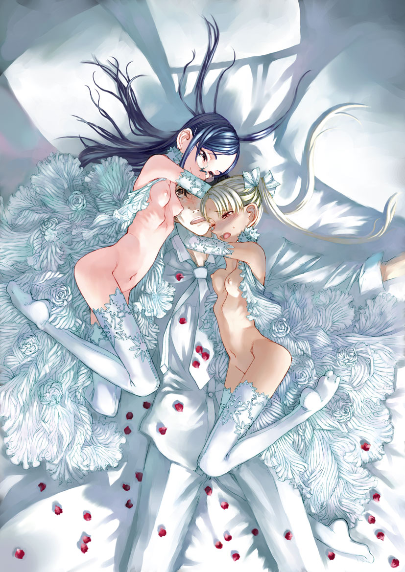 honjou raita, claes, triela, victor hillshire, gunslinger girl, the melancholy of claes, 00s, 1boy, 2girls, blonde hair, blue eyes, blue hair, dark-skinned female, dark skin, flat chest, glasses, goth fashion, hug, loli, multiple girls, nipples, nude, petals, red eyes, ribs, rose petals, thighhighs, twintails, white hair