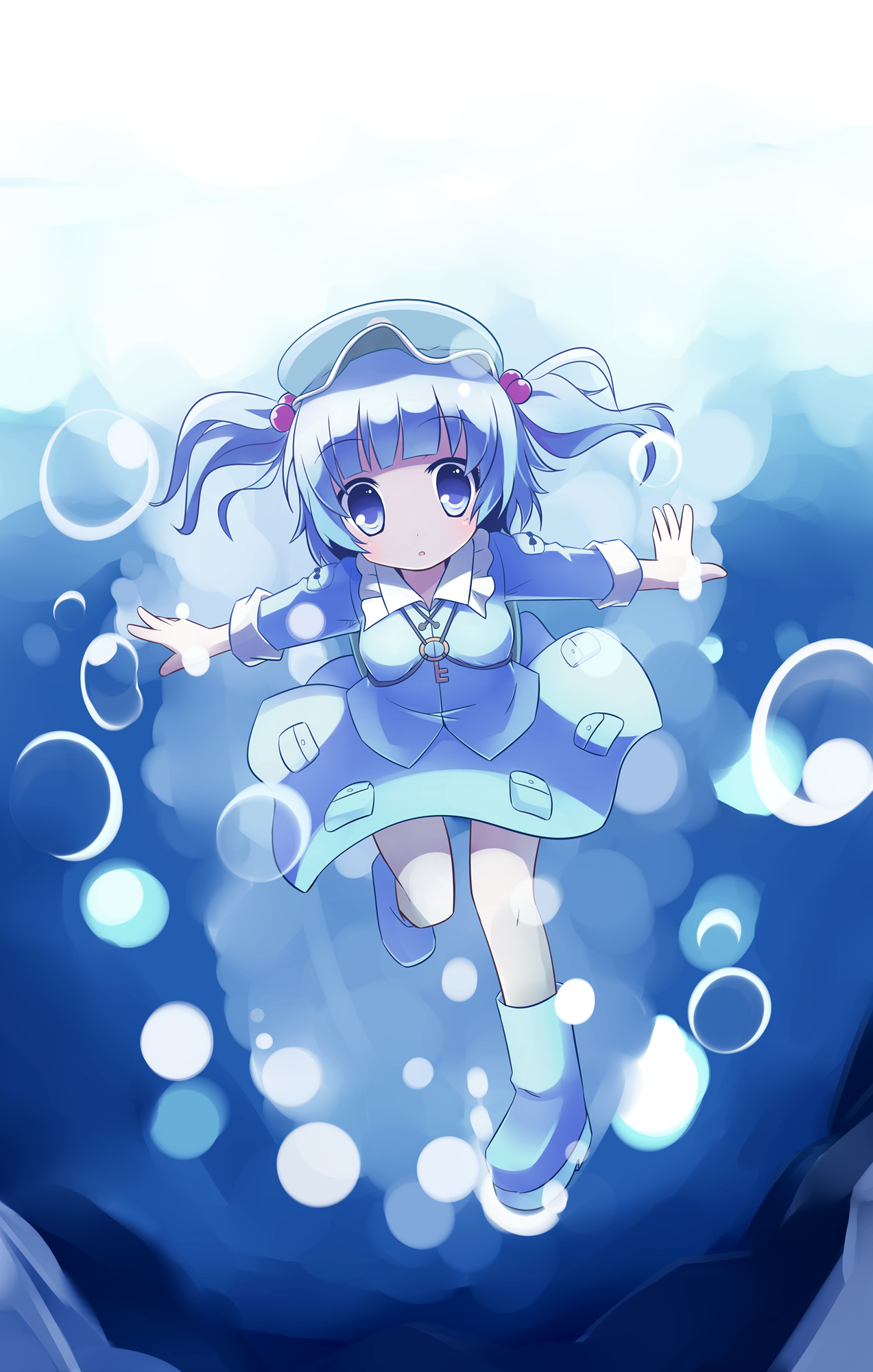 miko machi, kawashiro nitori, touhou, highres, 1girl, backpack, bag, blue eyes, blue hair, blunt bangs, boots, female focus, hair bobbles, hair ornament, hat, kappa, key, matching hair/eyes, outstretched arms, randoseru, rubber boots, short hair, solo, spread arms, staring, twintails, underwater