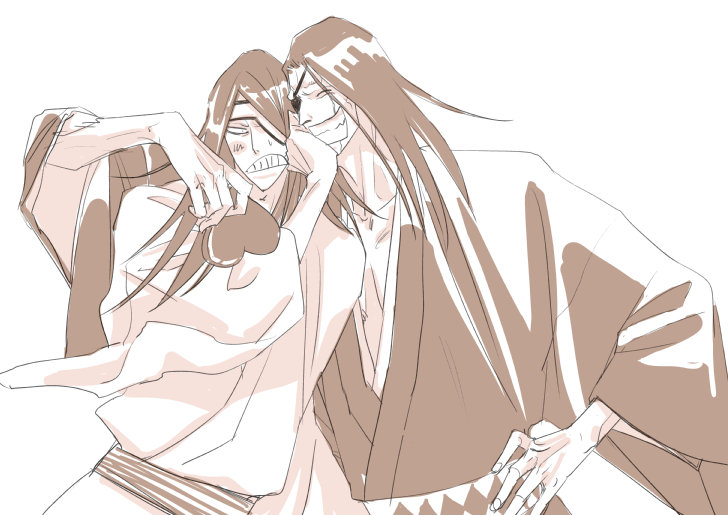 hiromi (lucky88), nnoitra gilga, zaraki kenpachi, bleach, 2boys, eyepatch, male focus, monochrome, multiple boys, white background, yaoi