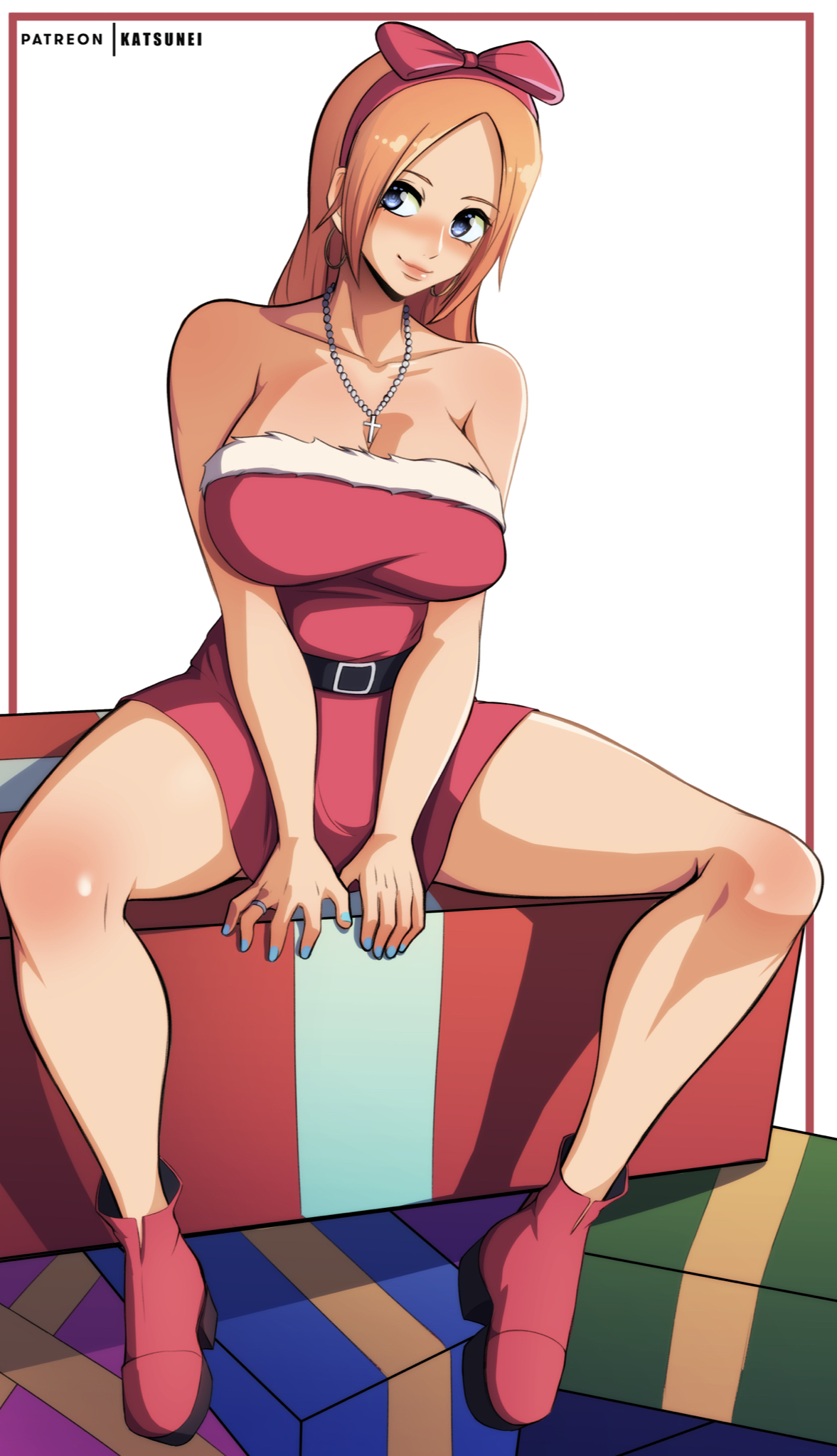 katsunei, inoue orihime, bleach, 2021, alternate eye color, artist name, bare shoulders, belt, blue eyes, breasts, christmas, christmas present, closed mouth, collarbone, fur trim, gift, jewelry, large breasts, light blush, lips, long hair, necklace, orange hair, patreon username, ring, shoes, spread legs