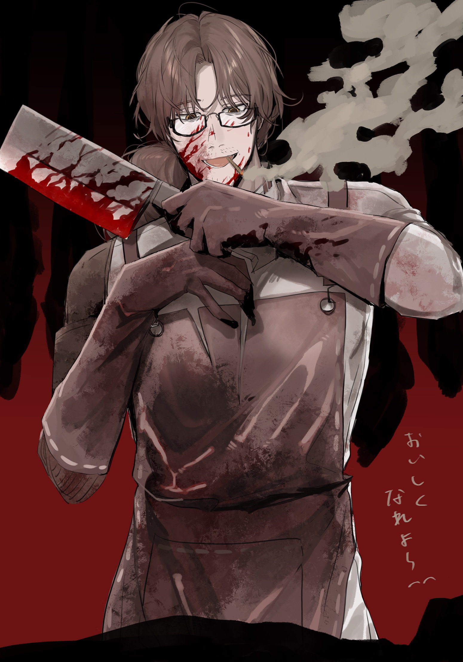 uibou00000, gregor (project moon), limbus company, project moon, absurdres, highres, 1boy, amputee, apron, black background, blood, blood on clothes, blood on face, blood on hands, blood splatter, blood stain, bloody weapon, brown apron, brown eyes, brown gloves, brown hair, cigarette, cleaver, cowboy shot, dirty, dirty clothes, evil grin, evil smile, facial hair, glasses, gloves, gradient background, grin, hair between eyes, hands up, head tilt, holding, holding cleaver, holding knife, holding weapon, joints, kitchen knife, knife, long hair, long sleeves, looking at viewer, looking down, lower teeth only, male focus, mechanical arms, mouth hold, official alternate costume, open mouth, parted bangs, parted lips, pocket, prosthesis, prosthetic arm, r.b. (identity) (project moon), red background, semi-rimless eyewear, shirt, simple background, single mechanical arm, smile, smirk, smoke, smoking, solo, standing, stubble, teeth, tongue, turtleneck, turtleneck shirt, under-rim eyewear, upper body, weapon, white shirt, yandere
