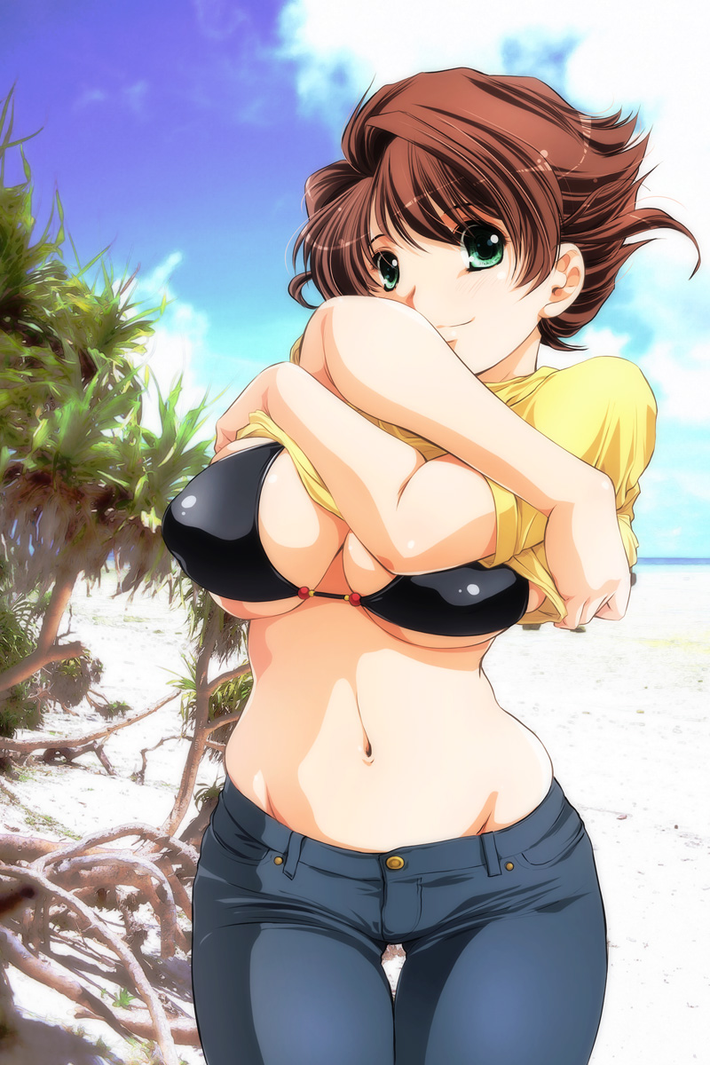 kantori, amaha masane, original, witchblade, highres, 1girl, beach, bikini, bikini top only, bikini under clothes, black bikini, breasts, brown hair, cleavage, clothes lift, cloud, covered erect nipples, day, denim, female focus, green eyes, hip focus, huge breasts, jeans, large breasts, midriff, navel, outdoors, pants, photo background, shirt, shirt lift, short hair, sky, smile, solo, swimsuit, swimsuit under clothes, t-shirt, thigh gap, thighs, underboob, undressing, wide hips