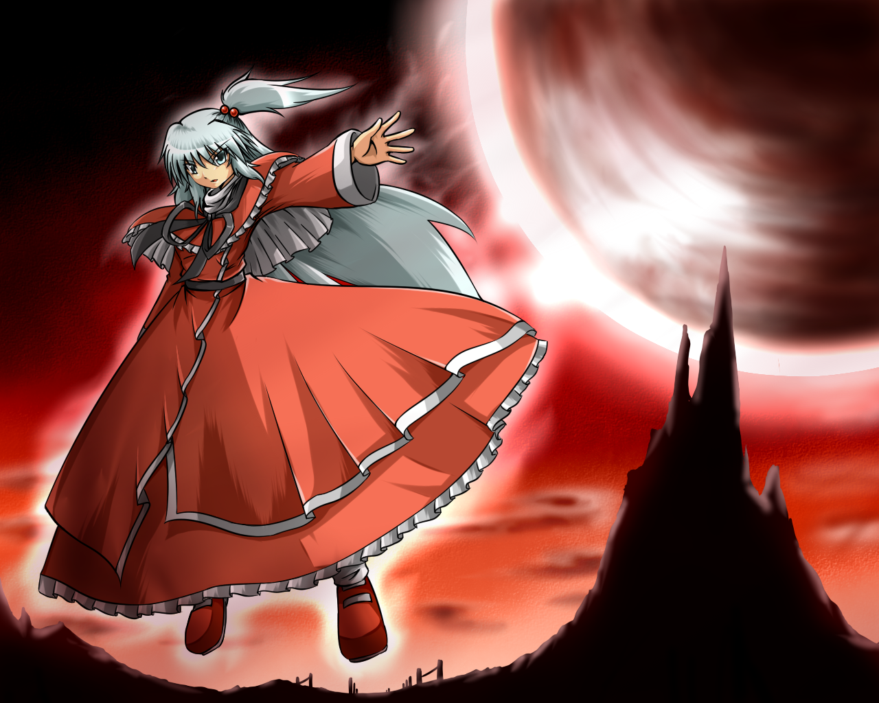sora no amagumo, sorano05, shinki (touhou), mystic square, touhou, touhou (pc-98), silver hair, bad id, bad pixiv id, 1girl, cloud, female focus, full body, grey eyes, hair bobbles, hair ornament, long hair, magic, outdoors, red sky, side ponytail, sky, solo, very long hair