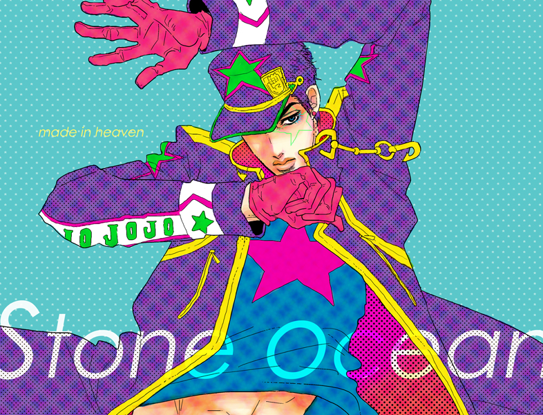tommy, kuujou joutarou, jojo no kimyou na bouken, stone ocean, 1boy, blue eyes, chain, copyright name, earrings, english text, gloves, halftone, hand (symbol), hat, hat over one eye, jewelry, lips, long coat, male focus, midriff, peaked cap, purple hair, solo, star (symbol), stipple