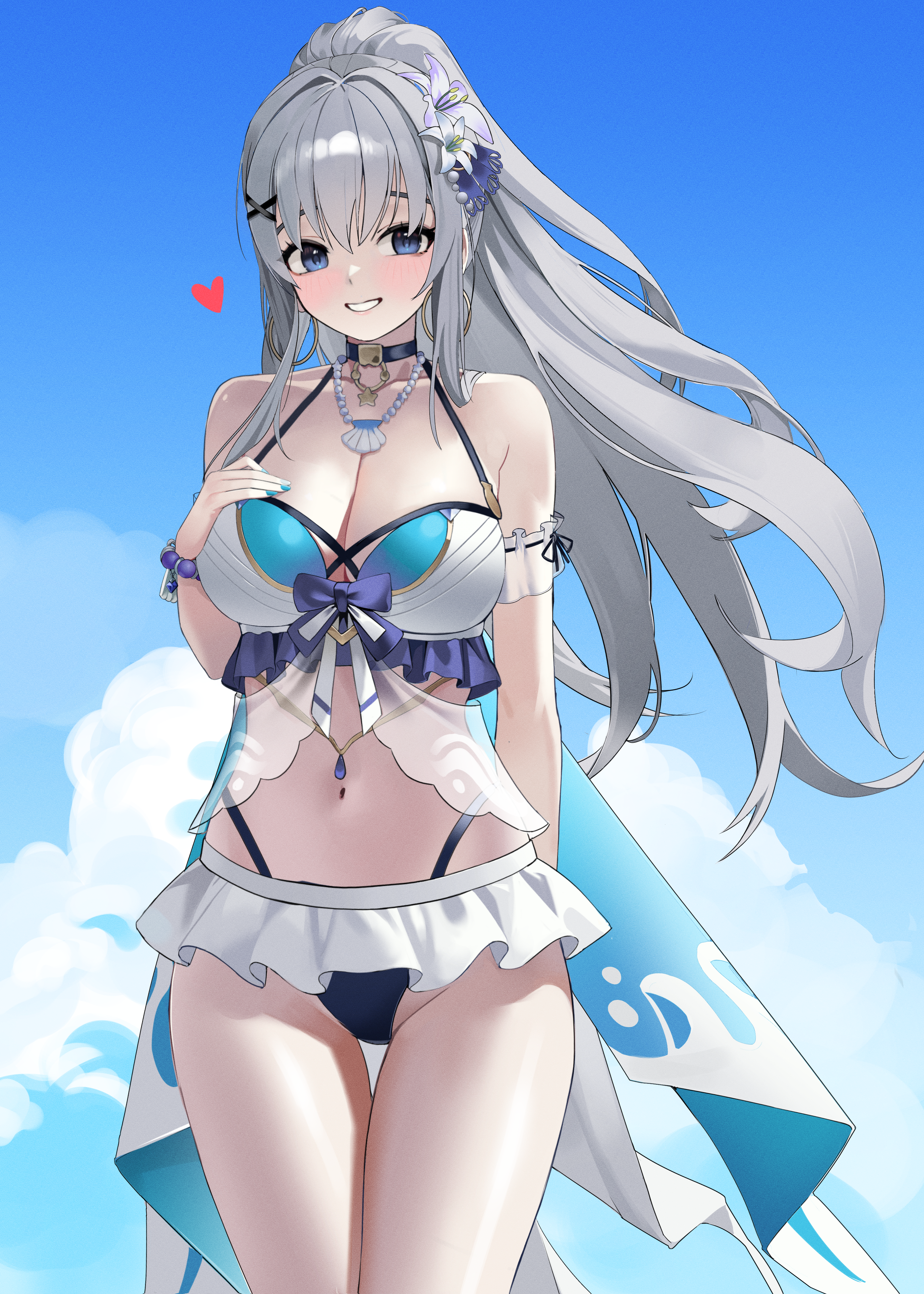 seueo, adina savic, black survival, eternal return: black survival, blue gem, absurdres, commentary, commission, highres, korean commentary, pixiv commission, 1girl, arm behind back, arm garter, bare shoulders, bead bracelet, beads, bikini, bikini skirt, black bikini, black choker, blue bikini, blue cape, blue eyes, blue nails, blue sky, blush, bow, bow bikini, bracelet, breast suppress, breasts, cape, choker, clam shell, cleavage, cloud, collarbone, cowboy shot, day, earrings, fingernails, floating hair, flower, frilled bikini, frills, gem, grey hair, grin, groin, hair between eyes, hair flower, hair ornament, heart, hibiscus, high ponytail, highleg, highleg bikini, hoop earrings, jewelry, large breasts, layered bikini, long hair, looking at viewer, multicolored bikini, nail polish, navel, necklace, o-ring, o-ring choker, outdoors, parted lips, pearl necklace, pendant choker, ponytail, purple bow, purple flower, see-through clothes, sky, smile, solo, standing, star (symbol), stomach, swimsuit, thigh gap, two-tone bikini, two-tone cape, very long hair, white bikini, white cape, white flower, x hair ornament