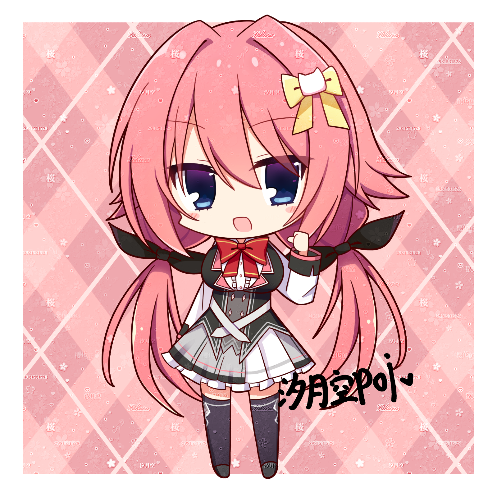 xi yue kong poi, tokiwa kano, hamidashi creative, chinese commentary, commentary request, highres, partial commentary, 1girl, :d, black bow, black thighhighs, blue eyes, blush stickers, border, bow, bowtie, breasts, cat hair ornament, center frills, character name, chibi, chibi only, clenched hand, frilled shirt, frilled skirt, frills, full body, grey skirt, hair between eyes, hair bow, hair intakes, hair ornament, hand up, large breasts, long hair, long sleeves, looking at viewer, low twintails, miniskirt, open mouth, outside border, pink background, pink hair, pleated skirt, red bow, red bowtie, school uniform, shirt, sidelocks, simple background, skirt, smile, solo, standing, thighhighs, twintails, two-tone skirt, v-shaped eyebrows, very long hair, watermark, white border, white shirt, white skirt, yellow bow, zettai ryouiki