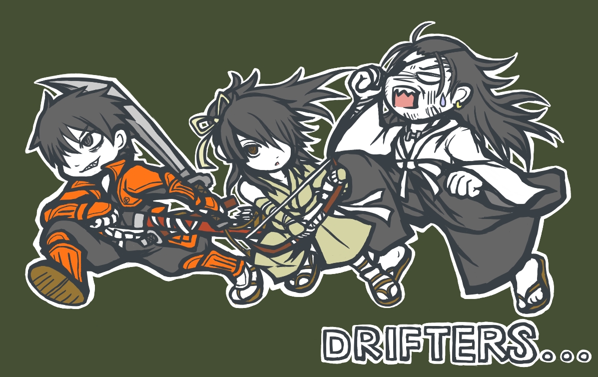nasu no yoichi (drifters), oda nobunaga (drifters), shimazu toyohisa (drifters), drifters, 10s, 3boys, bow (weapon), copyright name, japanese clothes, male focus, multiple boys, sword, weapon