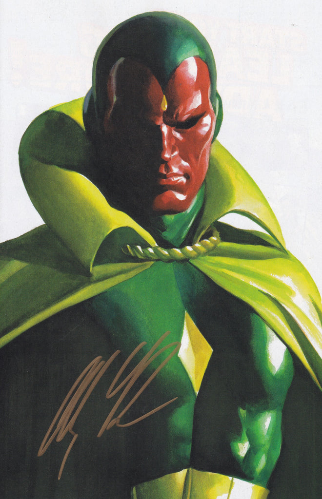 alex ross, vision (marvel), avengers (series), marvel, comic cover, merchandise available, official art, 1boy, bodysuit, cape, colored skin, cover, cover page, eyes in shadow, green bodysuit, high collar, looking at viewer, male focus, realistic, red skin, signature, solo, superhero costume, upper body, western comics (style), white background, yellow cape