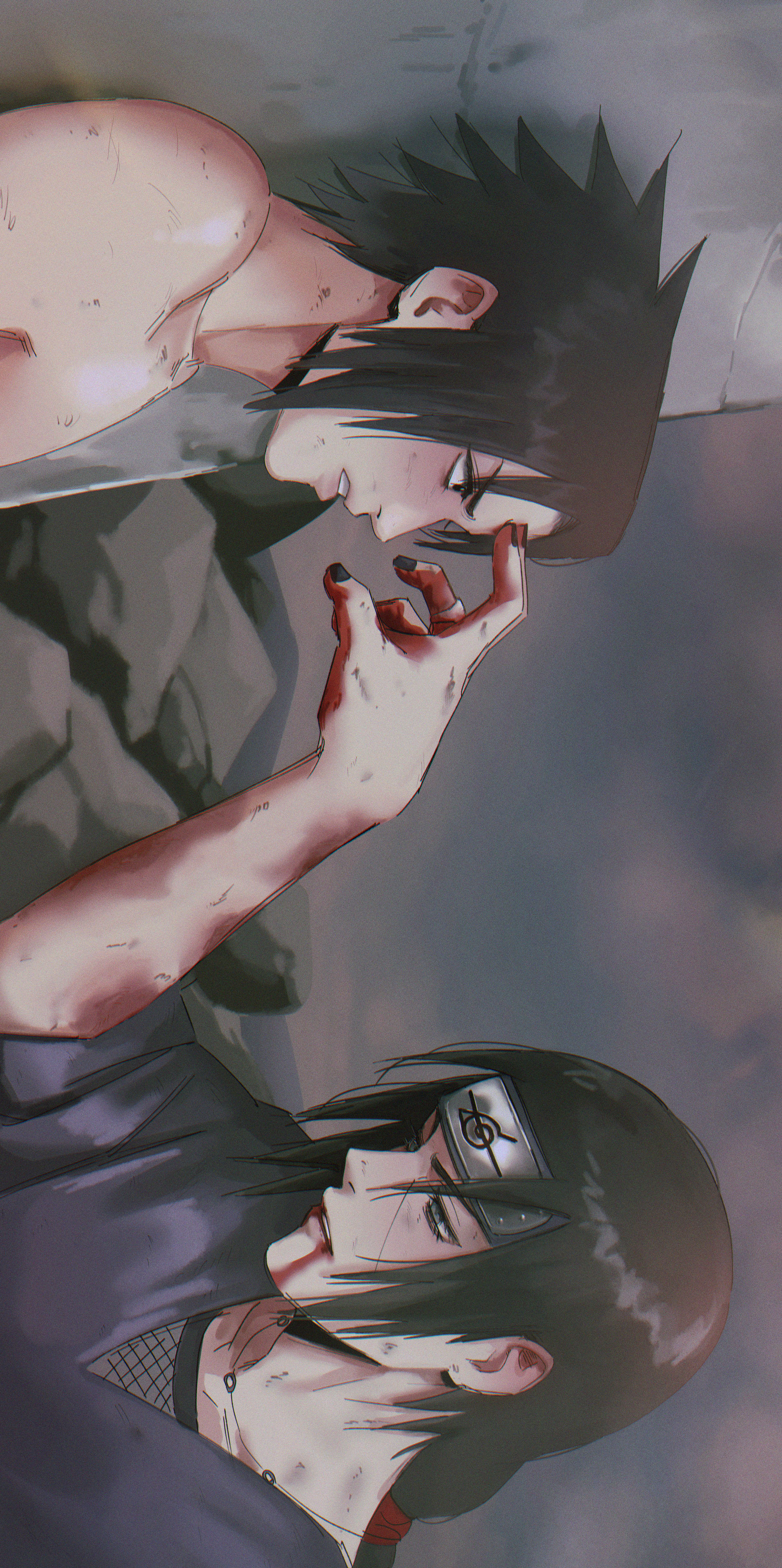 uchiha itachi, uchiha sasuke, naruto (series), naruto shippuuden, absurdres, highres, 2boys, black hair, black nails, blood, blood from mouth, blood on arm, blood on hands, brothers, forehead protector, grey eyes, jewelry, konohagakure symbol, male focus, mingsgugu, multiple boys, necklace, short hair, siblings, sideways
