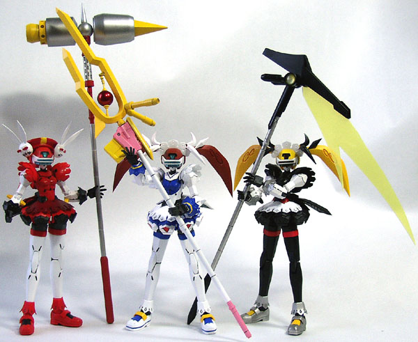 bardiche (nanoha), fate testarossa, fei-yen, graf eisen, raising heart, takamachi nanoha, vita (nanoha), lyrical nanoha, mahou shoujo lyrical nanoha, mahou shoujo lyrical nanoha a's, virtual on, photo (medium), figure, figure (medium), mechanization, model, no humans, parody
