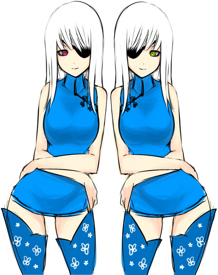 lang (chikage36), original, bad id, bad pixiv id, 2girls, bare shoulders, china dress, chinese clothes, dress, eyepatch, long hair, multiple girls, pink eyes, siblings, simple background, sisters, symmetry, thighhighs, twins, white background, white hair, yellow eyes