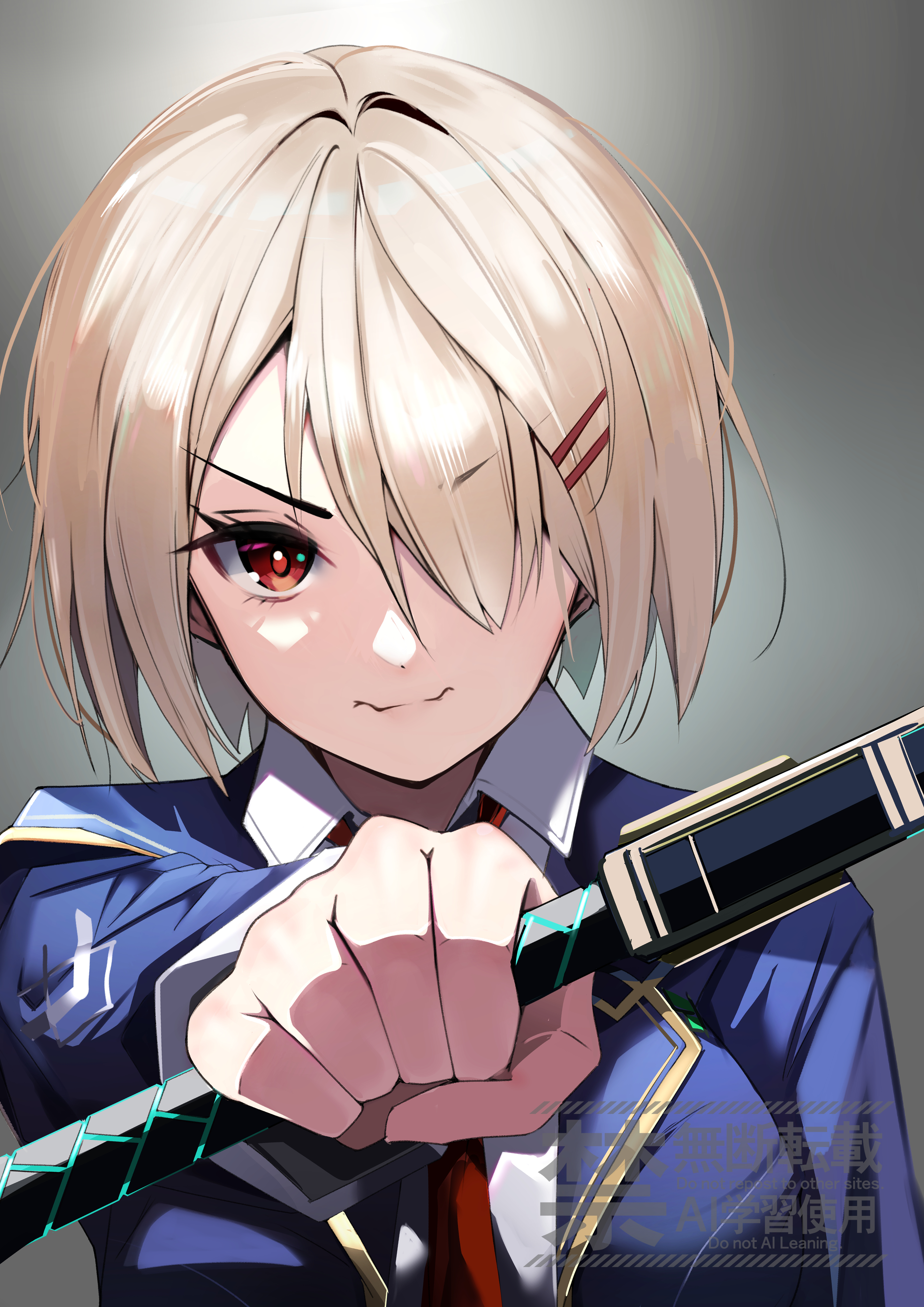 natsuki (muravito), kayamori ruka, heaven burns red, absurdres, commentary request, highres, 1girl, breasts, hair ornament, hair over one eye, hairpin, large breasts, looking at viewer, multiple hairpins, necktie, red eyes, school uniform