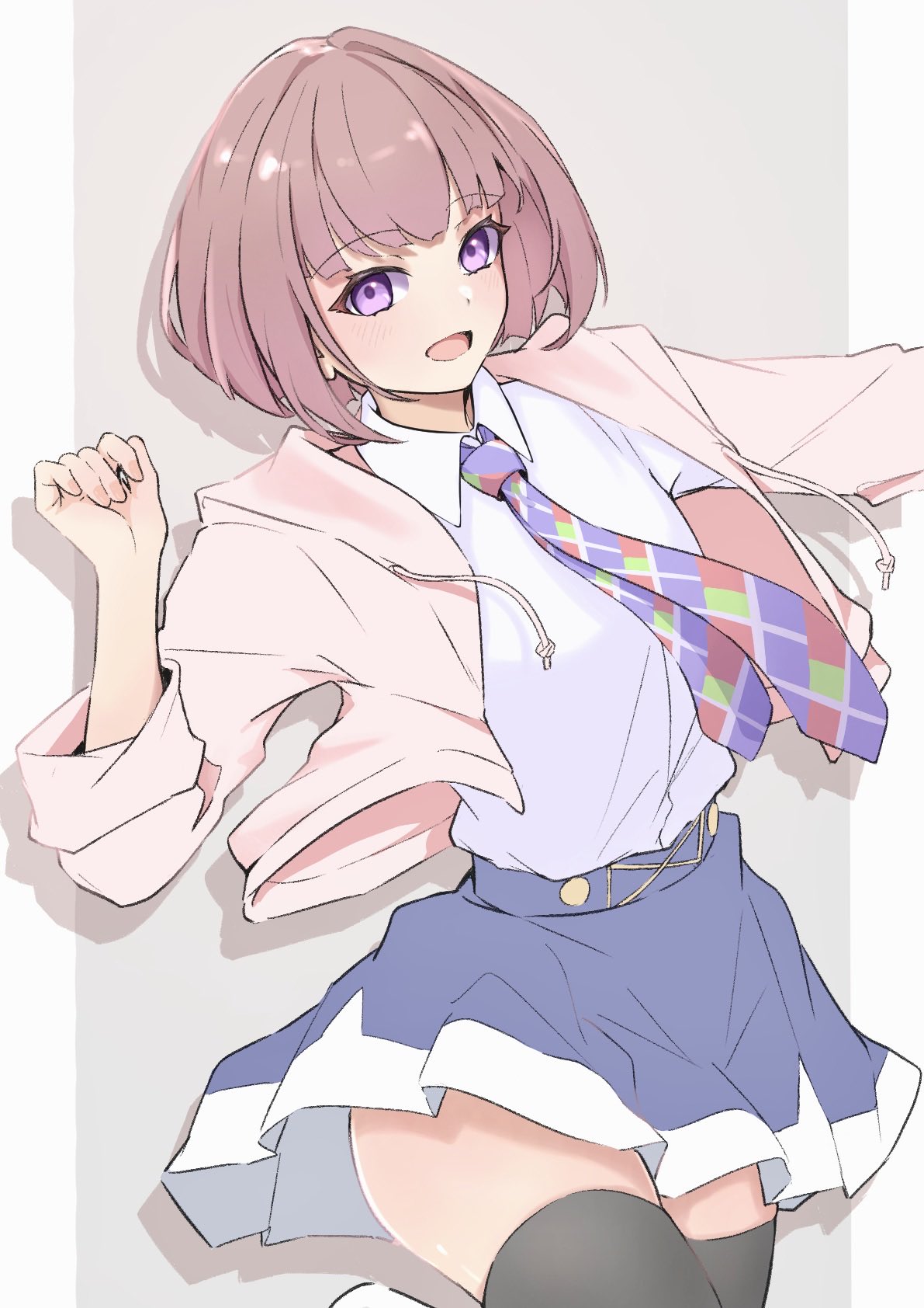 tomoe (tomoe 200), sasaki shion, ikizulive! love live! bluebird, love live!, hashtag-only commentary, highres, 1girl, black thighhighs, blue skirt, brown hair, grey background, grey jacket, jacket, light blush, long sleeves, looking at viewer, multicolored necktie, necktie, open mouth, purple eyes, shirt, skirt, smile, solo, thighhighs, thighs, white shirt, zettai ryouiki