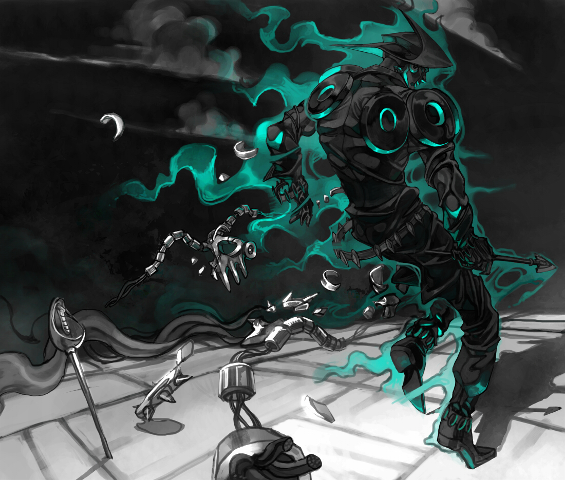 touge (kubiwa tsuki), chariot requiem, silver chariot, jojo no kimyou na bouken, vento aureo, bad id, bad pixiv id, arrow (jojo), arrow (projectile), aura, belt, cloud, hat, no humans, planted, planted sword, planted weapon, rapier, stand (jojo), sword, transformation, weapon