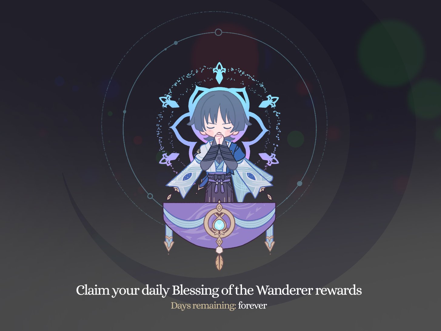 scaramouche (genshin impact), wanderer (genshin impact), genshin impact, blue gem, commentary, english commentary, 1boy, anemo symbol (genshin impact), aracanthus38633, armor, belt, black background, black belt, black bodysuit, black bow, black hair, black shorts, blessing of the welkin moon, blue cape, blue halo, blue kimono, blue sleeves, blunt ends, blush, bodysuit, bow, bridal gauntlets, cape, choppy bangs, closed eyes, closed mouth, clothing cutout, english text, facing viewer, furisode, gem, gold, gradient halo, grey bridal gauntlets, hakama, hakama shorts, halo, halo behind head, hands up, hip vent, japanese armor, japanese clothes, juban, kimono, kote, kurokote, layered sleeves, male focus, mandala, multicolored halo, open clothes, open kimono, own hands clasped, own hands together, pleated shorts, praying, purple halo, purple rope, purple sash, rope, sash, short sleeves, shorts, shoulder peek, solo, straight-on, tassel, twitter username, white kimono, white sleeves