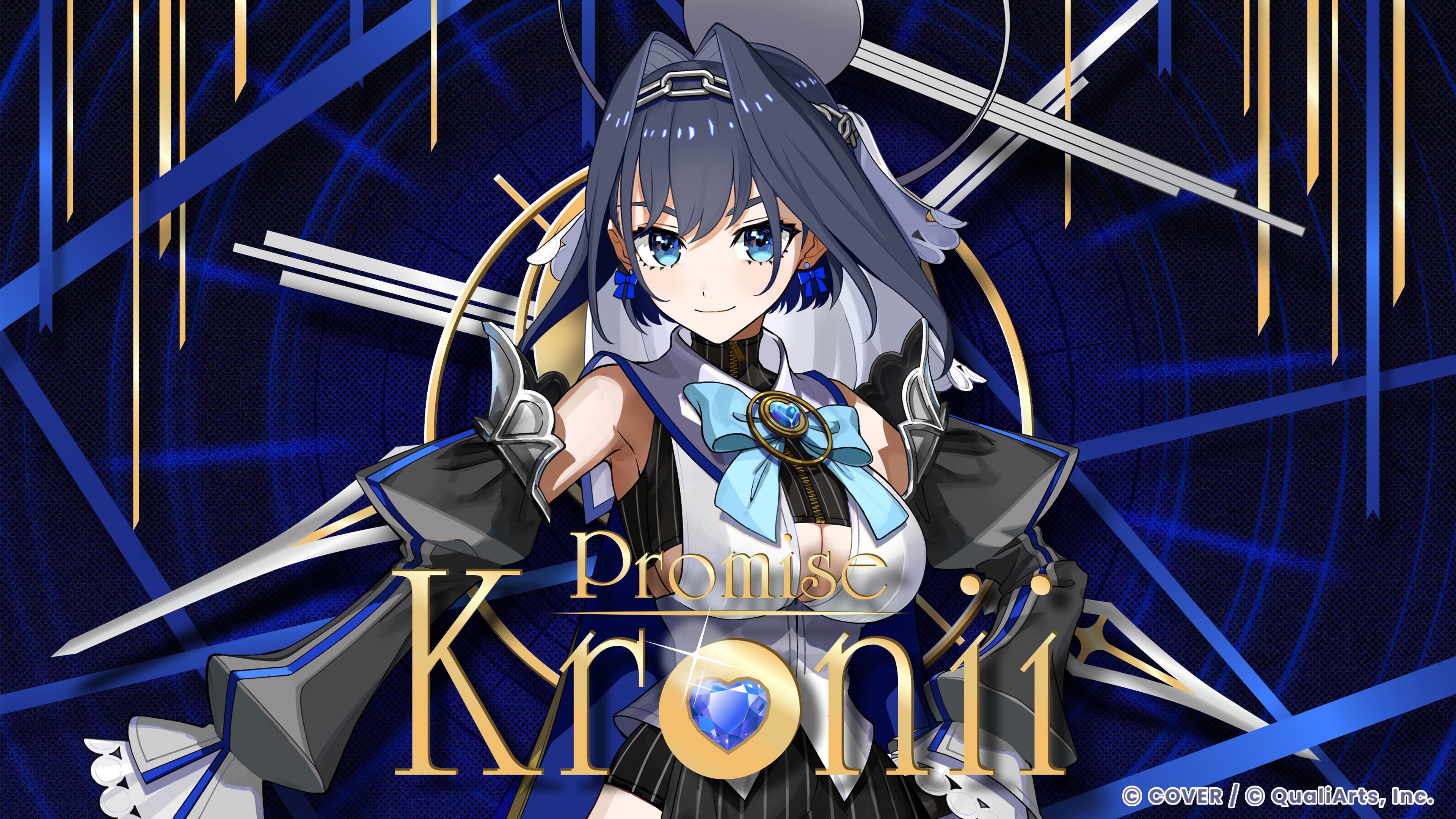ouro kronii, ouro kronii (1st costume), hololive, hololive english, absurdres, commentary request, highres, official art, 1girl, black shirt, blue bow, blue bowtie, blue eyes, bow, bowtie, breasts, character name, cleavage cutout, closed mouth, clothing cutout, company name, copyright notice, detached sleeves, grey hair, grey halo, grey sleeves, hair intakes, halo, heart, hololive dreams, looking at viewer, mechanical halo, pinstripe pattern, pinstripe shirt, ribbon earrings, shirt, short hair, sleeveless, sleeveless shirt, smile, solo, sparkle, veil, virtual youtuber, white shirt