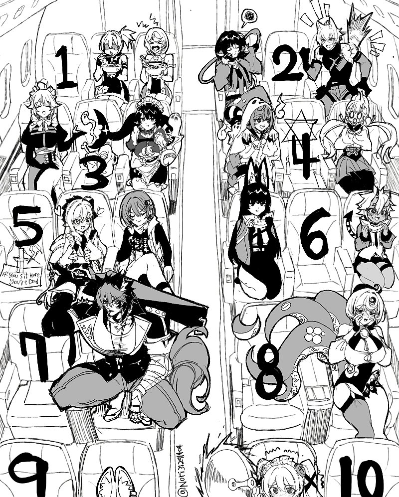 runa (nori31291404), alexandrina sebastiane, alice thymefield, belle (zenless zone zero), corin wickes, ellen joe, hoshimi miyabi, jane doe (zenless zone zero), komano manato, seed (zenless zone zero), seth lowell, soldier 11 (zenless zone zero), soukaku (zenless zone zero), ukinami yuzuha, vivian banshee, yidhari murphy, zhao (zenless zone zero), zenless zone zero, commentary request, mixed-language commentary, > <, 2boys, 6+girls, animal ears, breasts, cat boy, cat ears, cat tail, chopsticks, circular saw, crossed legs, dog boy, dog ears, dog tail, eating, fins, fish tail, food, fox ears, fox girl, fruit, ghost, ghost pose, goggles, heart, hexagram, holding, holding chopsticks, holding sword, holding weapon, knife, long hair, low twintails, maid, maid headdress, melon, meme, monochrome, monster girl, mouse ears, mouse girl, mouse tail, multiple boys, multiple girls, noodles, open mouth, pointy ears, rabbit ears, rabbit girl, saw, screw hair ornament, scylla, shark girl, shark tail, sitting, spoken squiggle, squatting, squiggle, star of david, sword, tail, tentacles, threat, tongue, tongue out, twintails, weapon, where are you sitting (meme)