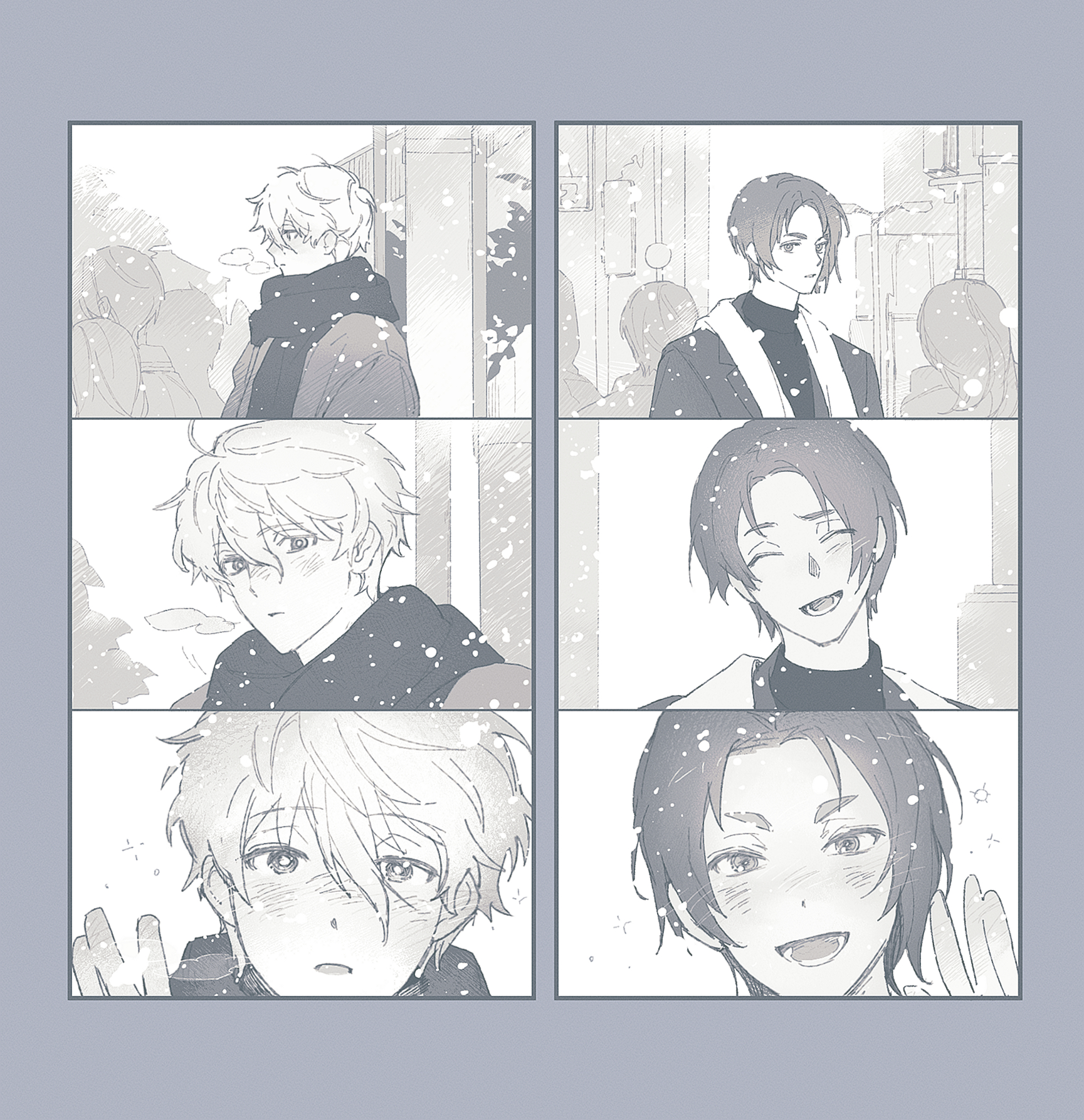 mikage reo, nagi seishirou, blue lock, highres, 2boys, ballro, blush, looking at another, multiple boys, open mouth, simple background, smile, snow, white background, white hair, winter, yaoi