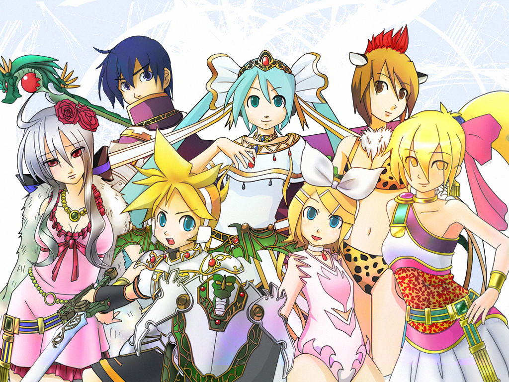 shibuchoo, akita neru, bianca (dq5), borongo, deborah (dq5), flora (dq5), hatsune miku, hero's daughter (dq5), hero's son (dq5), hero (dq5), kagamine len, kagamine rin, kaito (vocaloid), meiko (vocaloid), yowane haku, dragon quest, dragon quest v, square enix, vocaloid, silver hair, 2boys, 5girls, age difference, angel leotard, animal ears, animal print, armor, bianca (cosplay), bikini, blonde hair, blue eyes, blue hair, blush, borongo (cosplay), bow, breasts, brown eyes, brown hair, cat ears, child, cleavage, cosplay, deborah (cosplay), dragon, dress, feather boa, flora (cosplay), flower, hair bow, hair flower, hair ornament, hero's daughter (dq5) (cosplay), hero's son (dq5) (cosplay), hero (dq5) (cosplay), leopard print, leotard, long hair, medium breasts, mother and daughter, mother and son, multiple boys, multiple girls, pink bow, ponytail, purple eyes, purple hair, red eyes, rose, shield, short hair, small breasts, staff, swimsuit, sword, twintails, very long hair, weapon, yellow eyes