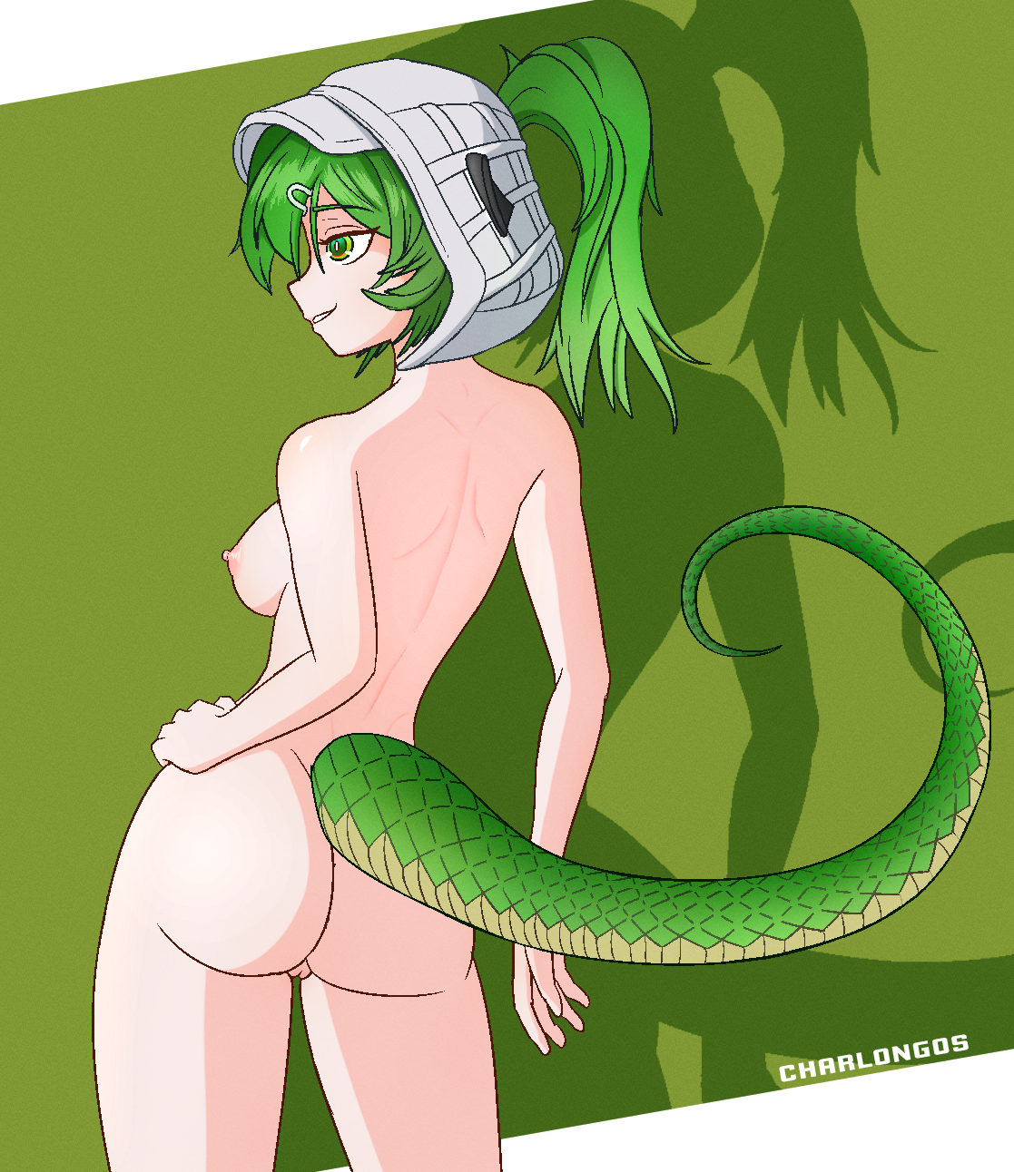 fluorite (arknights), arknights, arknights: endfield, commentary, english commentary, highres, 1girl, ass, charlongos, green eyes, green hair, nude, signature, tail